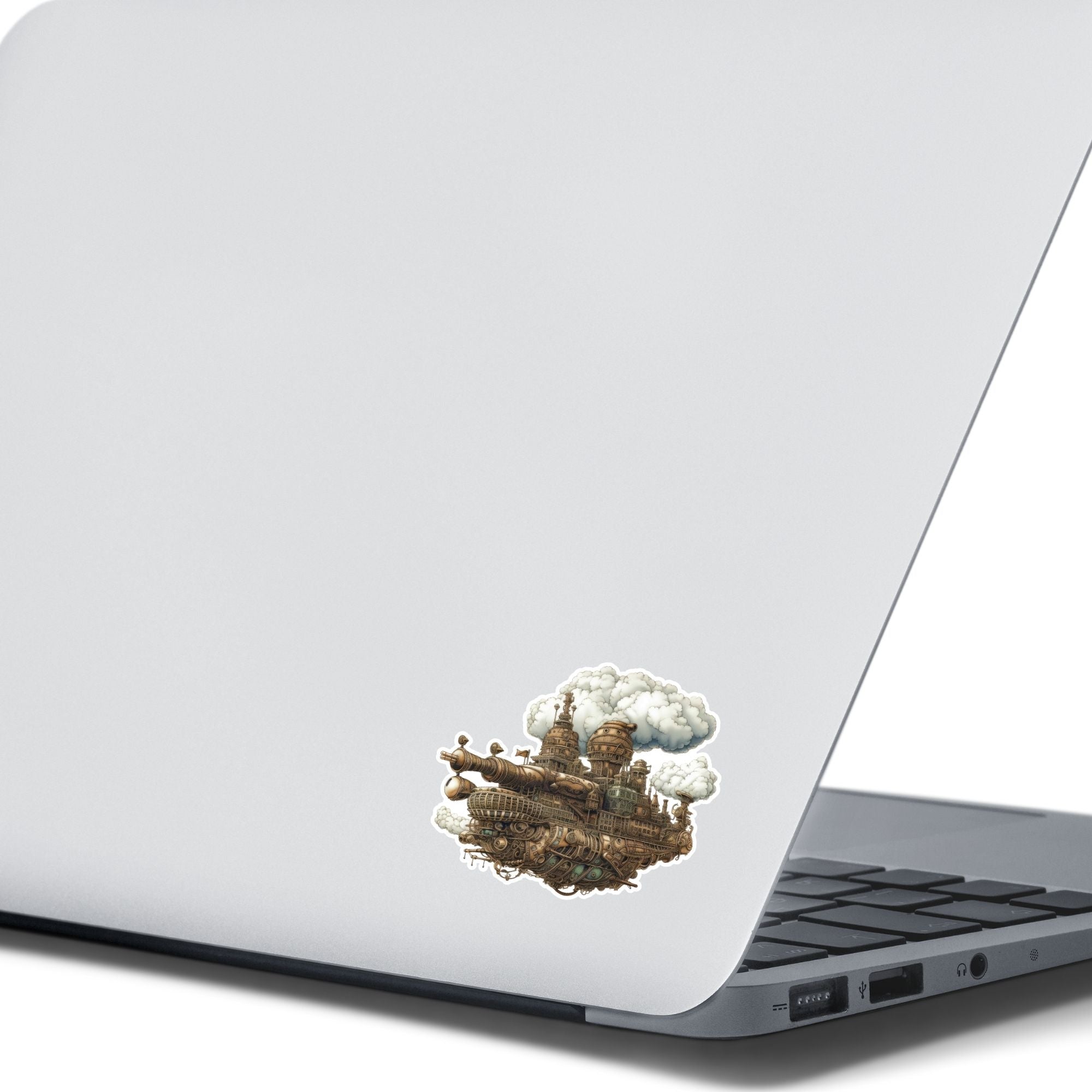 This image shows the Steampunk Airship 3 Die-Cut Sticker on the back of an open laptop.