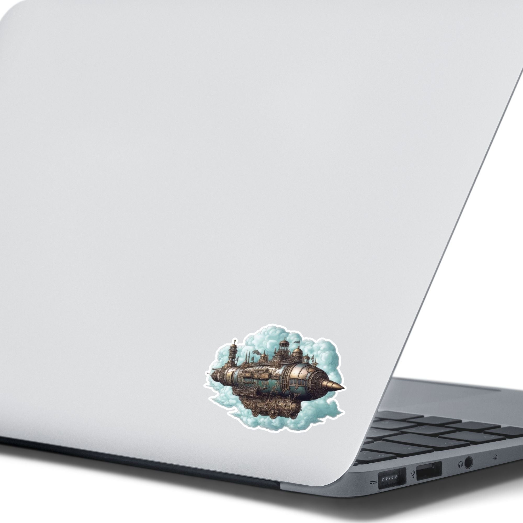 This image shows the Steampunk Airship 4 Die-Cut Sticker on the back of an open laptop.