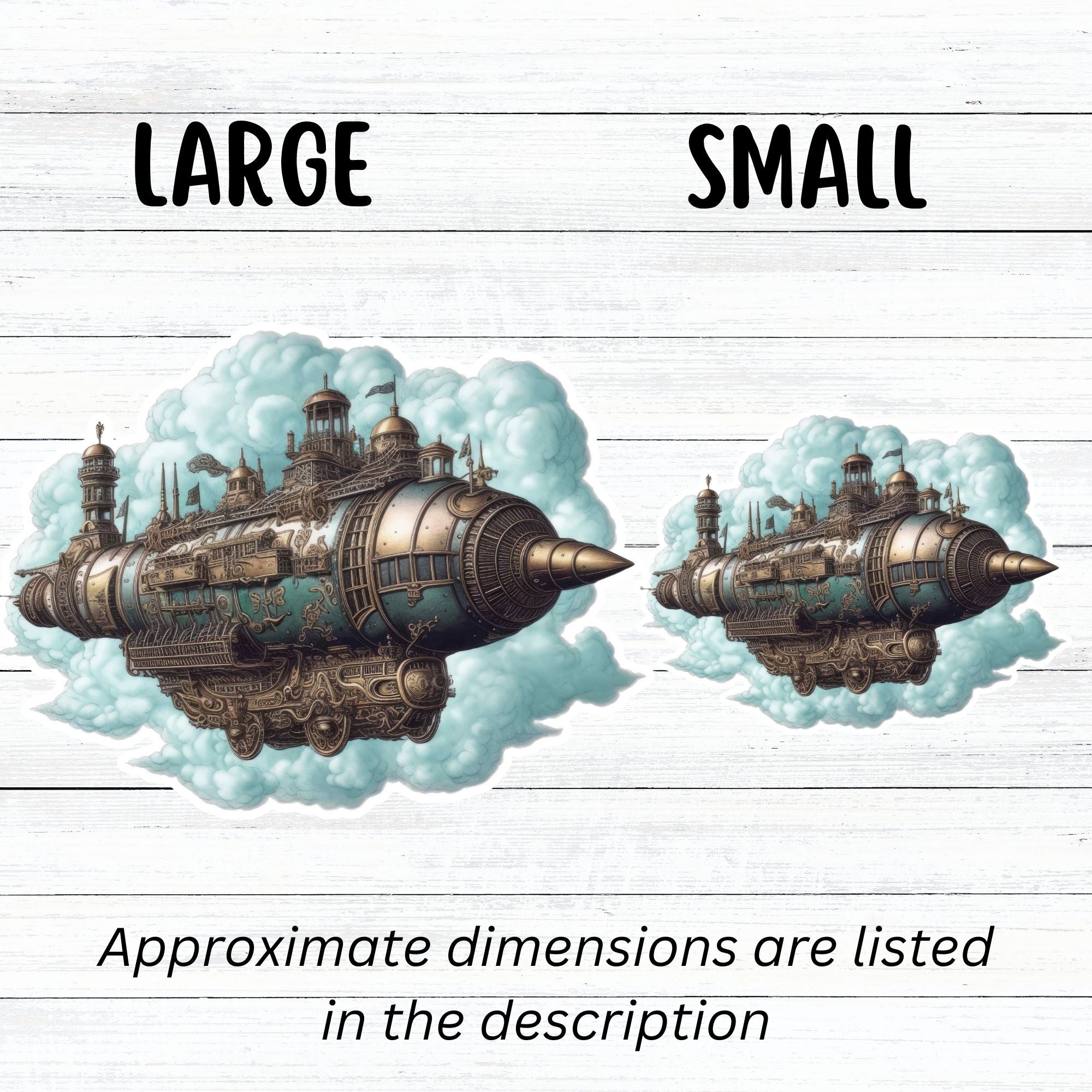 This image shows large and small Steampunk Airship 4 Die-Cut Stickers side by side.