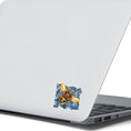 Load image into Gallery viewer, This image shows the steampunk bee sticker on the back of an open laptop.
