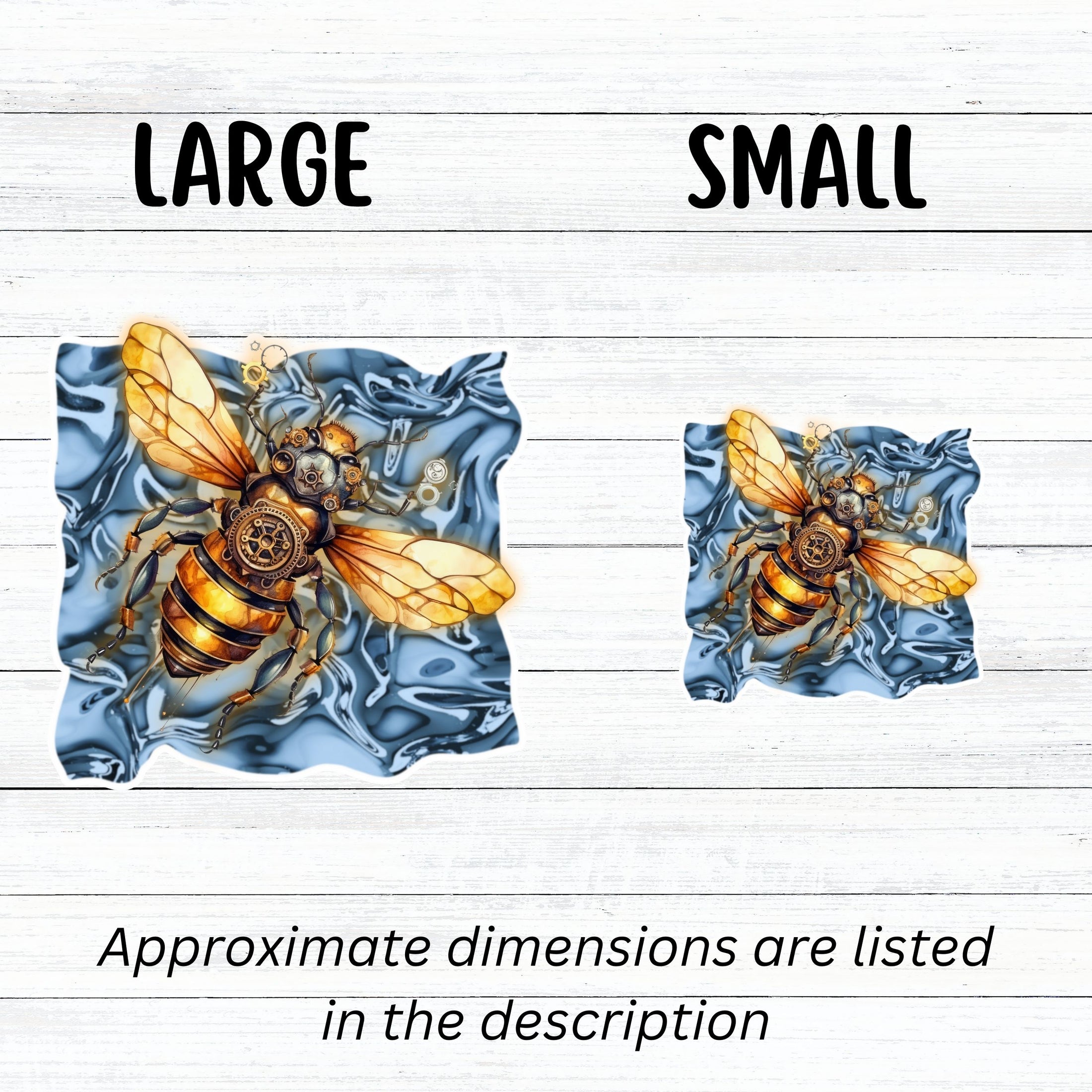 This image shows large and small steampunk bee stickers next to each other.
