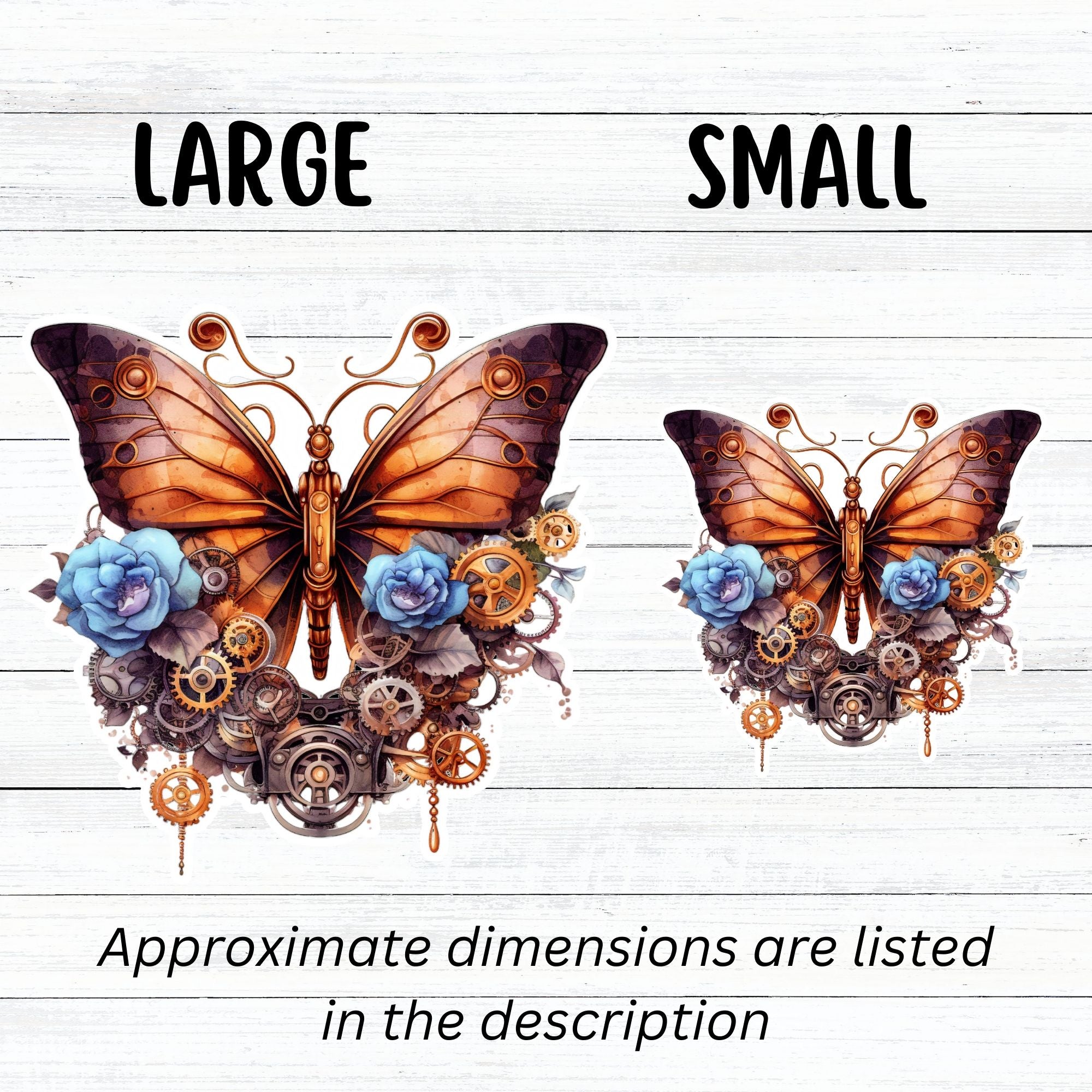 This image shows large and small Steampunk Butterfly 2 Die-Cut Stickers side by side.