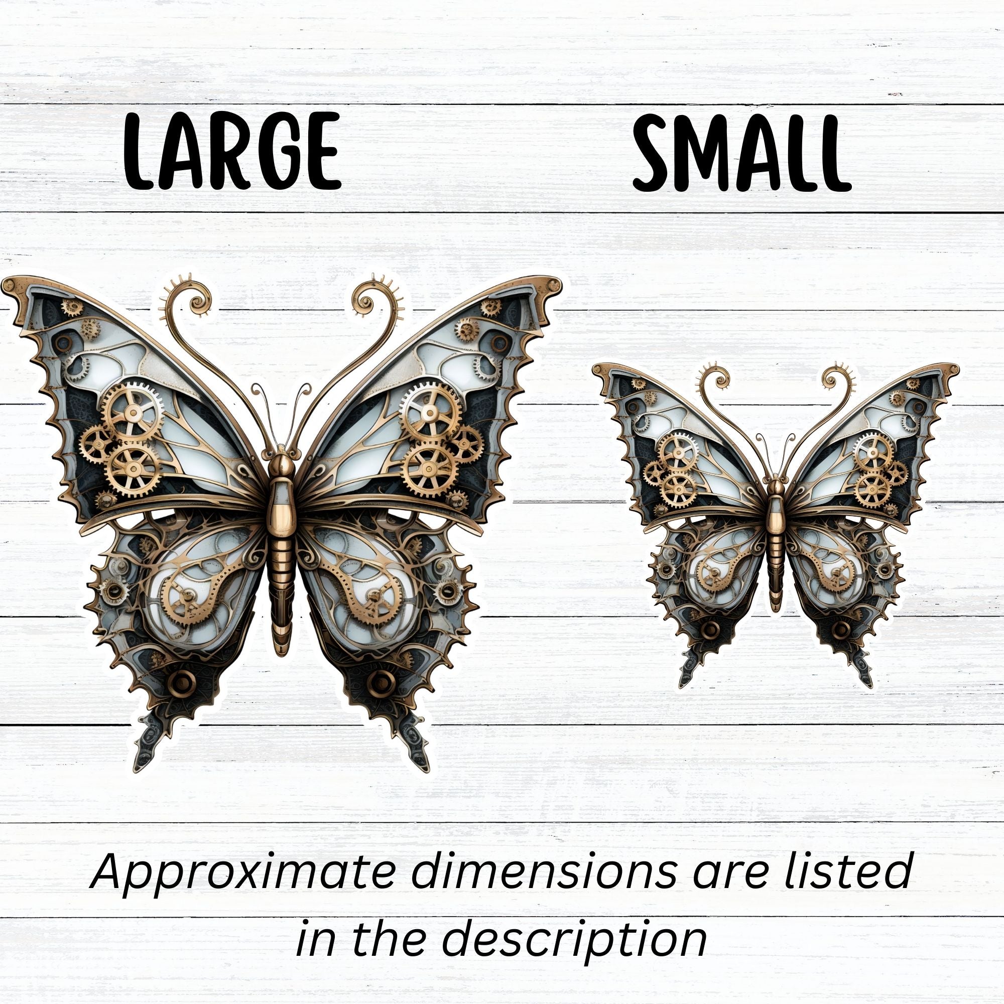 This image shows large and small Steampunk Butterfly 3 Die-Cut Stickers side by side.