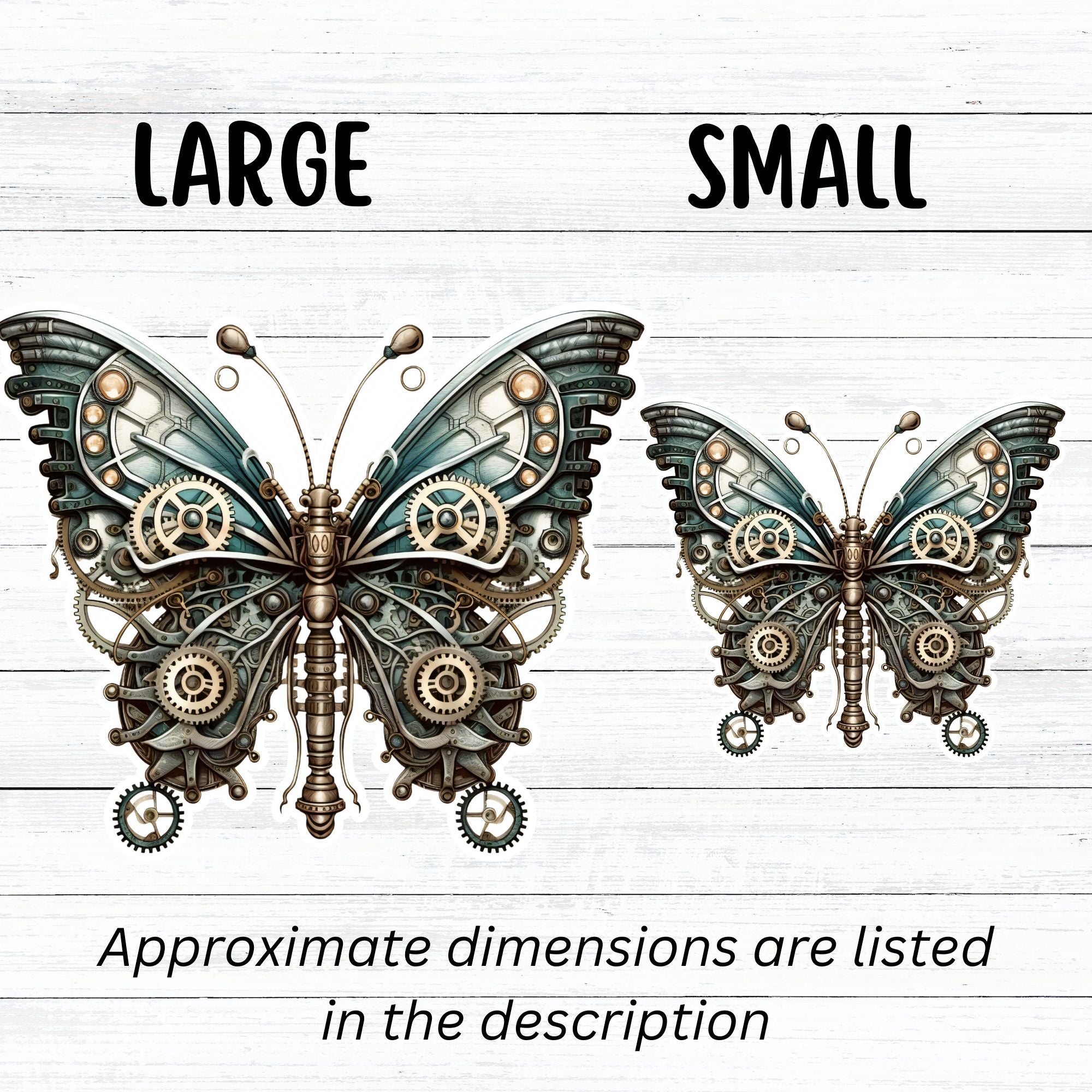 This image shows large and small Steampunk Butterfly 4 Die-Cut Stickers side by side.