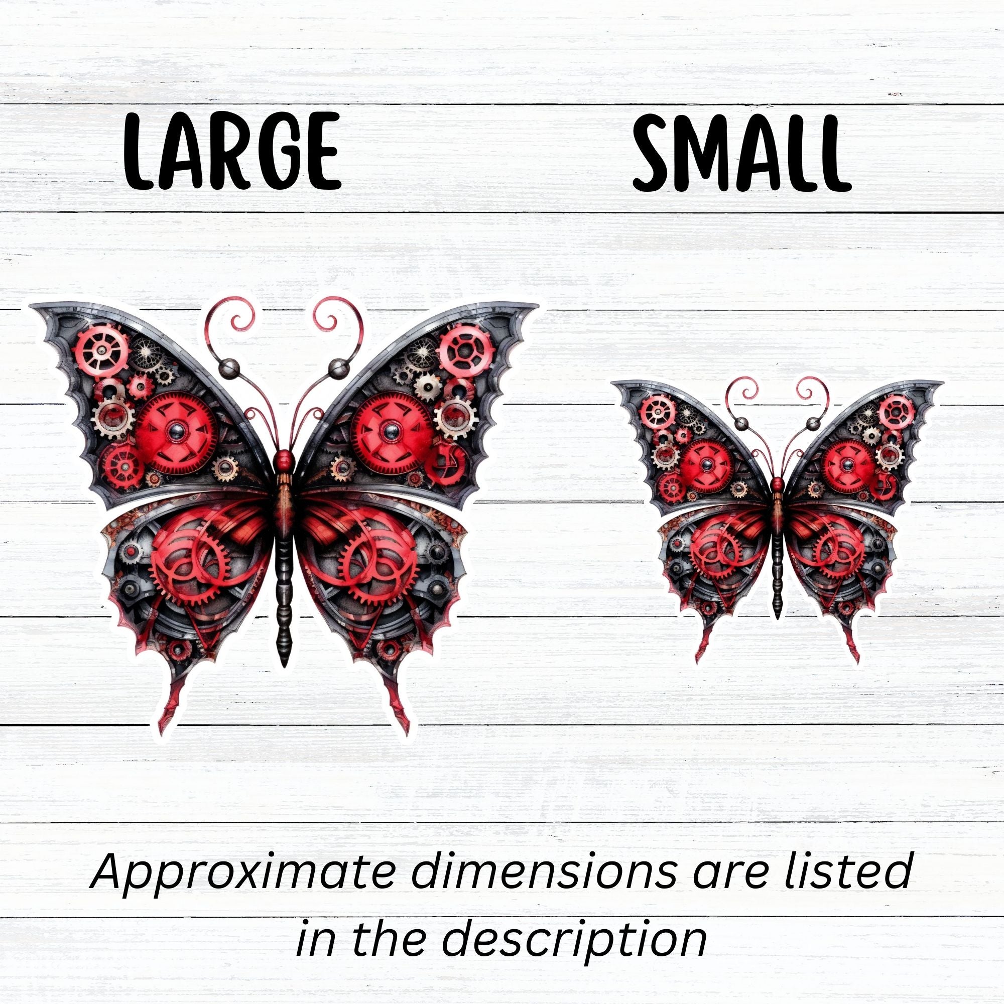 This image shows large and small Steampunk Butterfly 5 Die-Cut Stickers side by side.