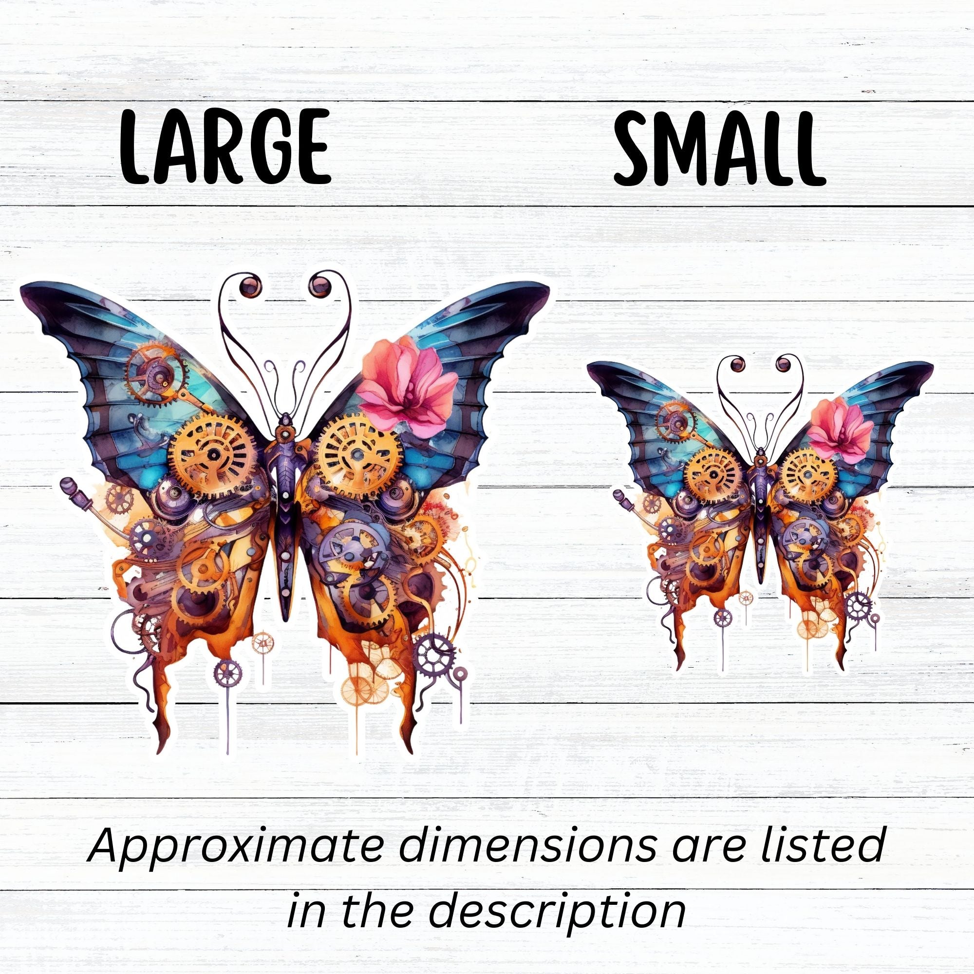 This image shows large and small Steampunk Butterfly 6 Die-Cut Stickers side by side.