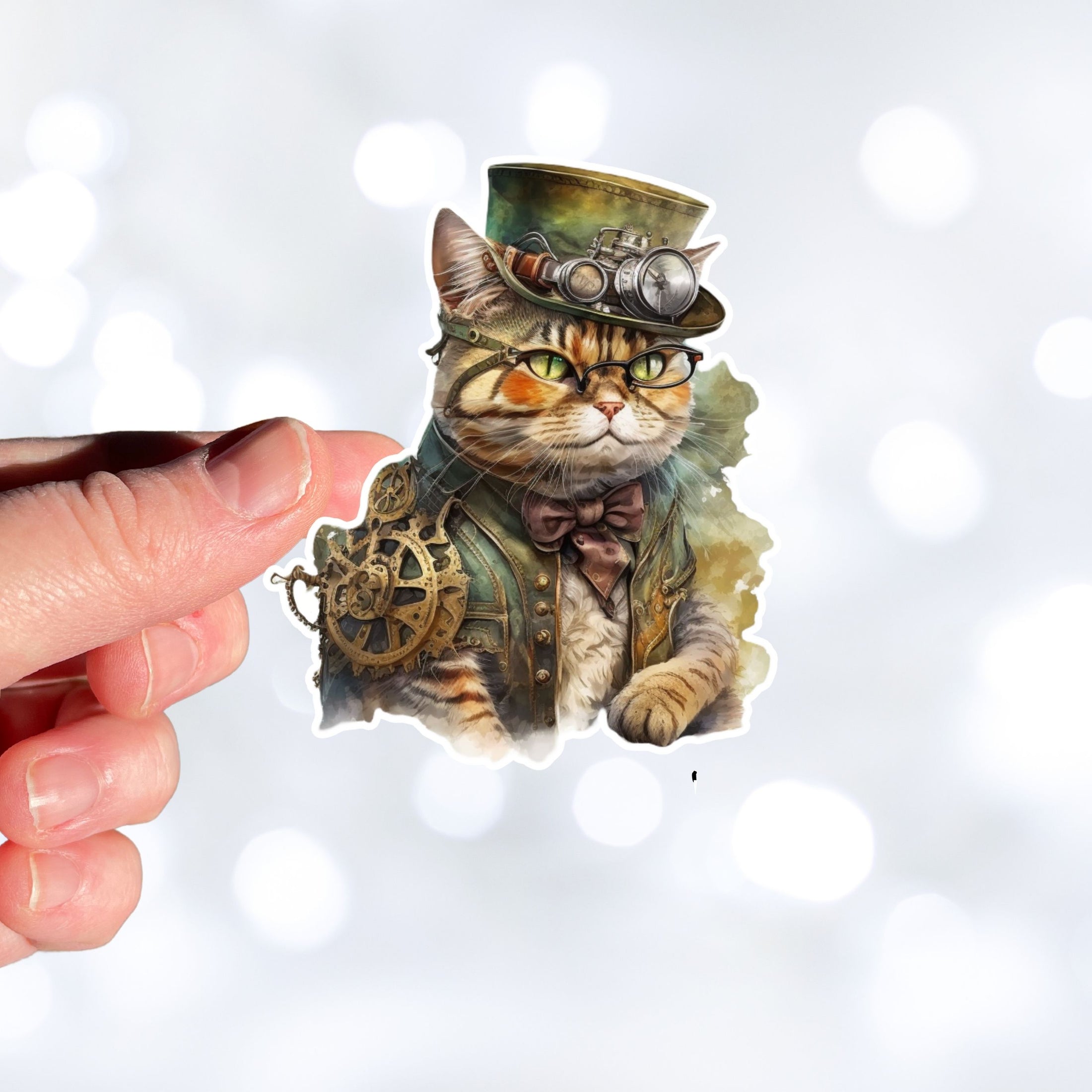 This image shows the steampunk cat sticker being held on a finger.