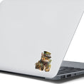Load image into Gallery viewer, This image shows the steampunk cat sticker on the back of an open laptop.
