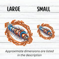 Load image into Gallery viewer, This image shows large and small steampunk centipede stickers next to each other.
