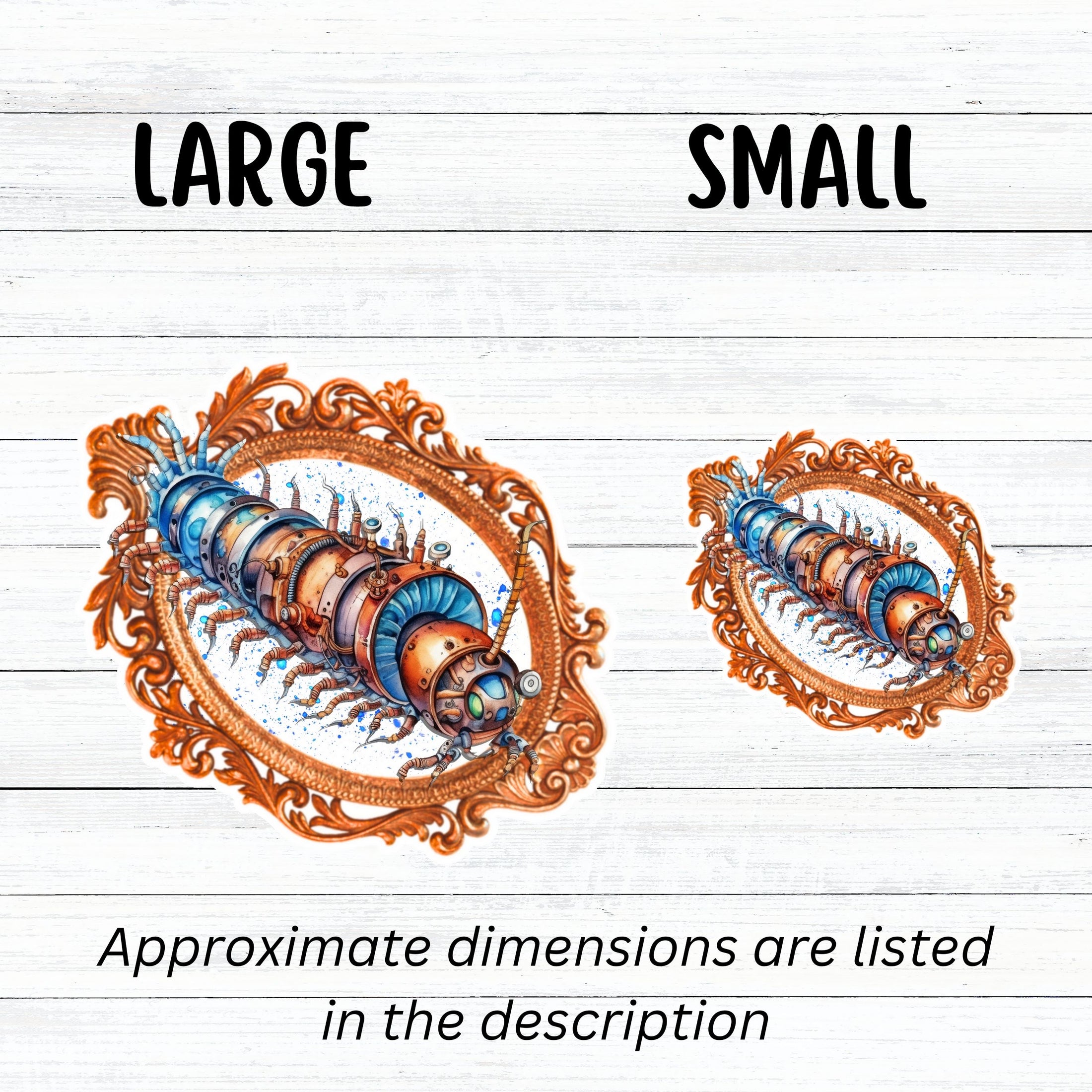 This image shows large and small steampunk centipede stickers next to each other.