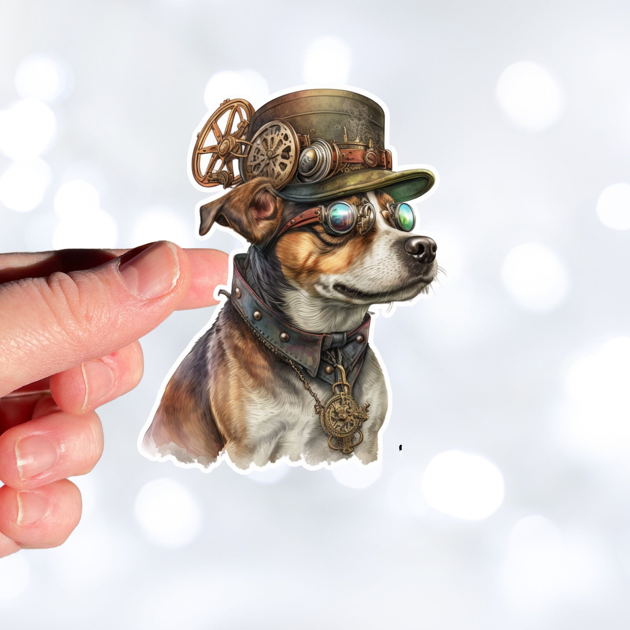 This image shows the steampunk dog sticker being held on a finger.