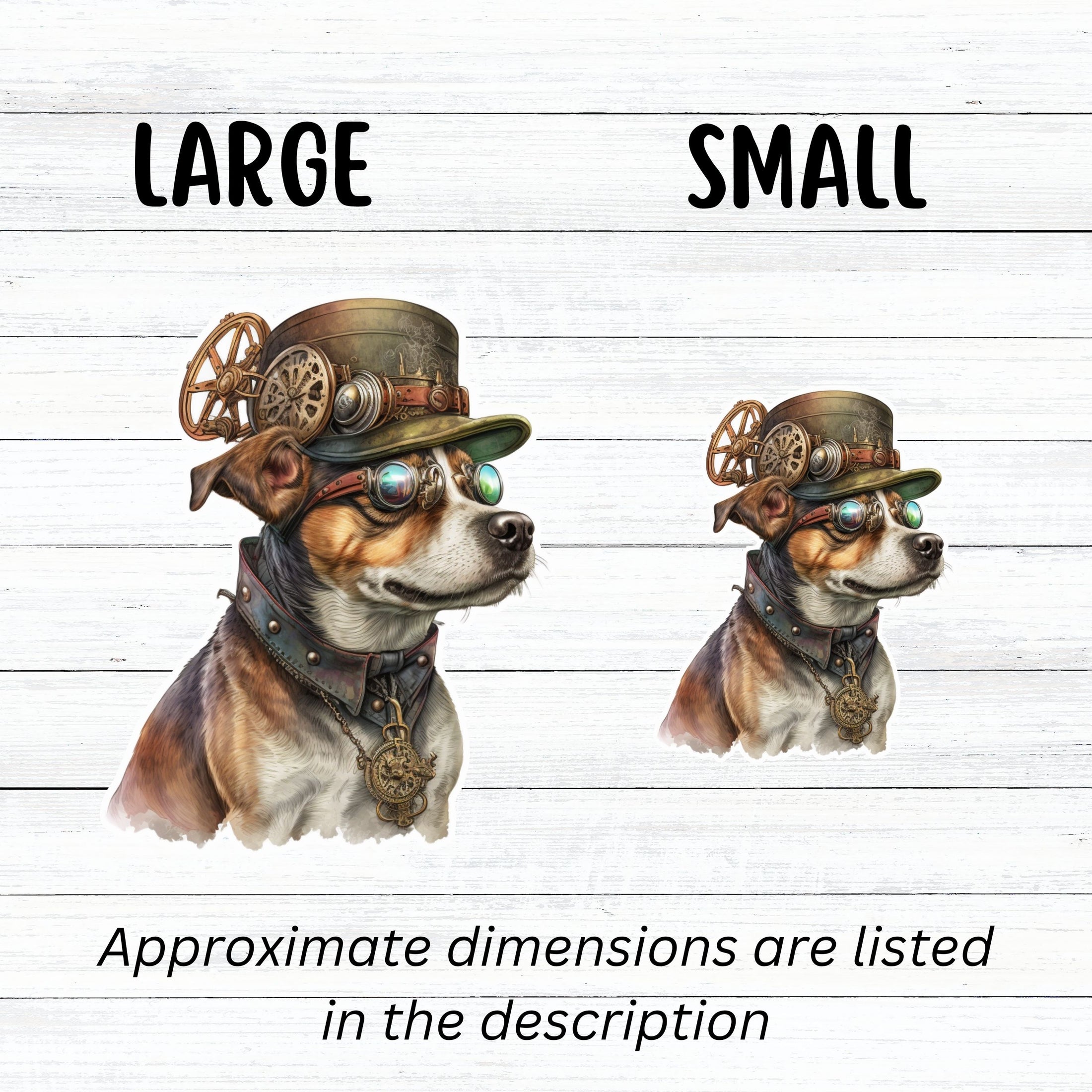 This image shows large and small steampunk dog stickers next to each other.