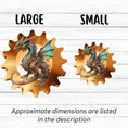 Load image into Gallery viewer, This image shows large and small steampunk dragon on a gear stickers next to each other.
