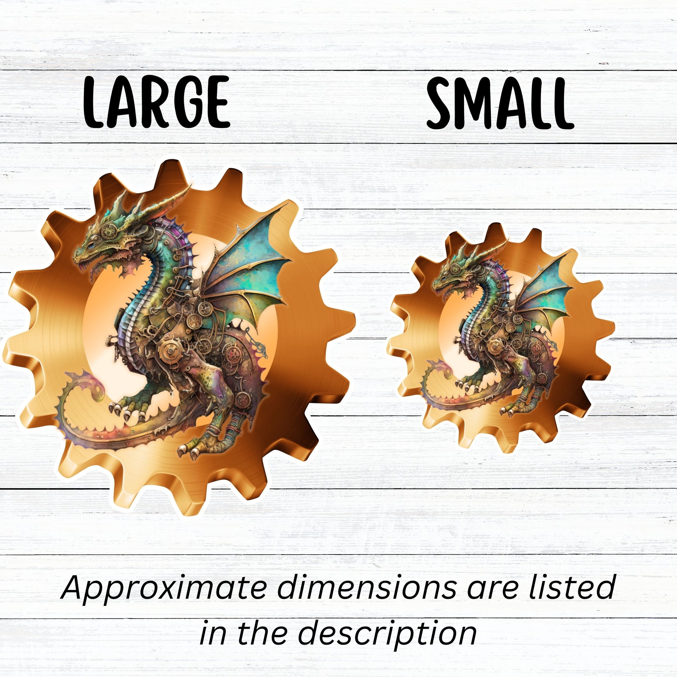 This image shows large and small steampunk dragon on a gear stickers next to each other.