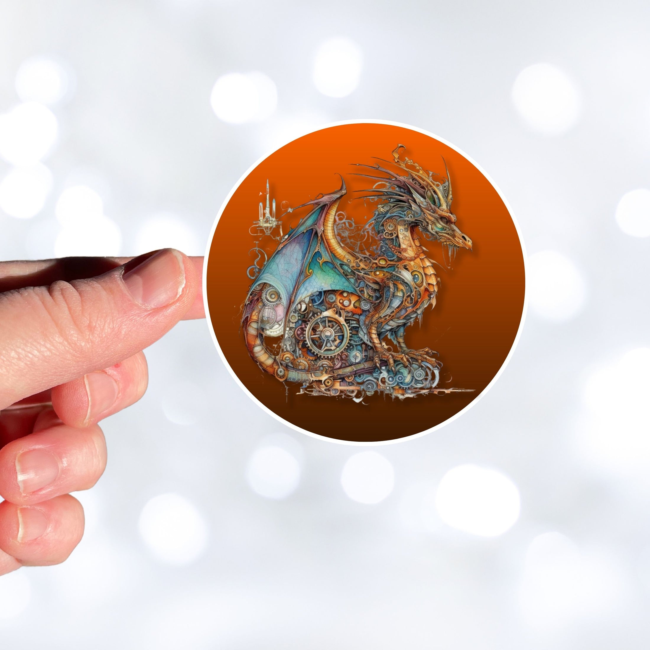 This image shows a hand holding the steampunk dragon copper background sticker.