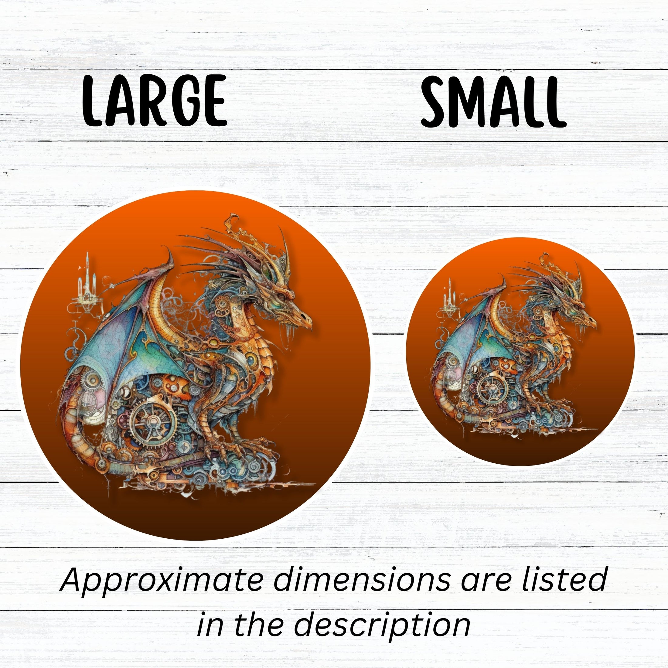 This image shows large and small steampunk dragon stickers next to each other.