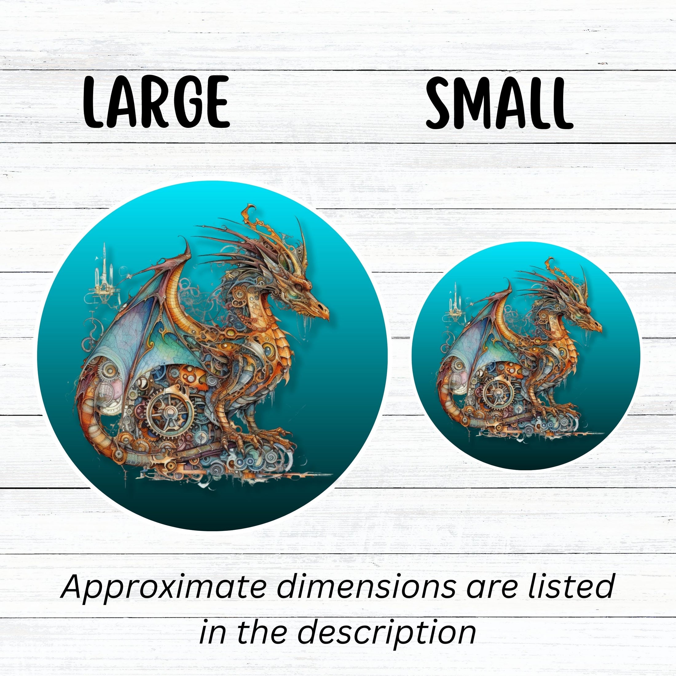 This image shows large and small steampunk dragon stickers next to each other.