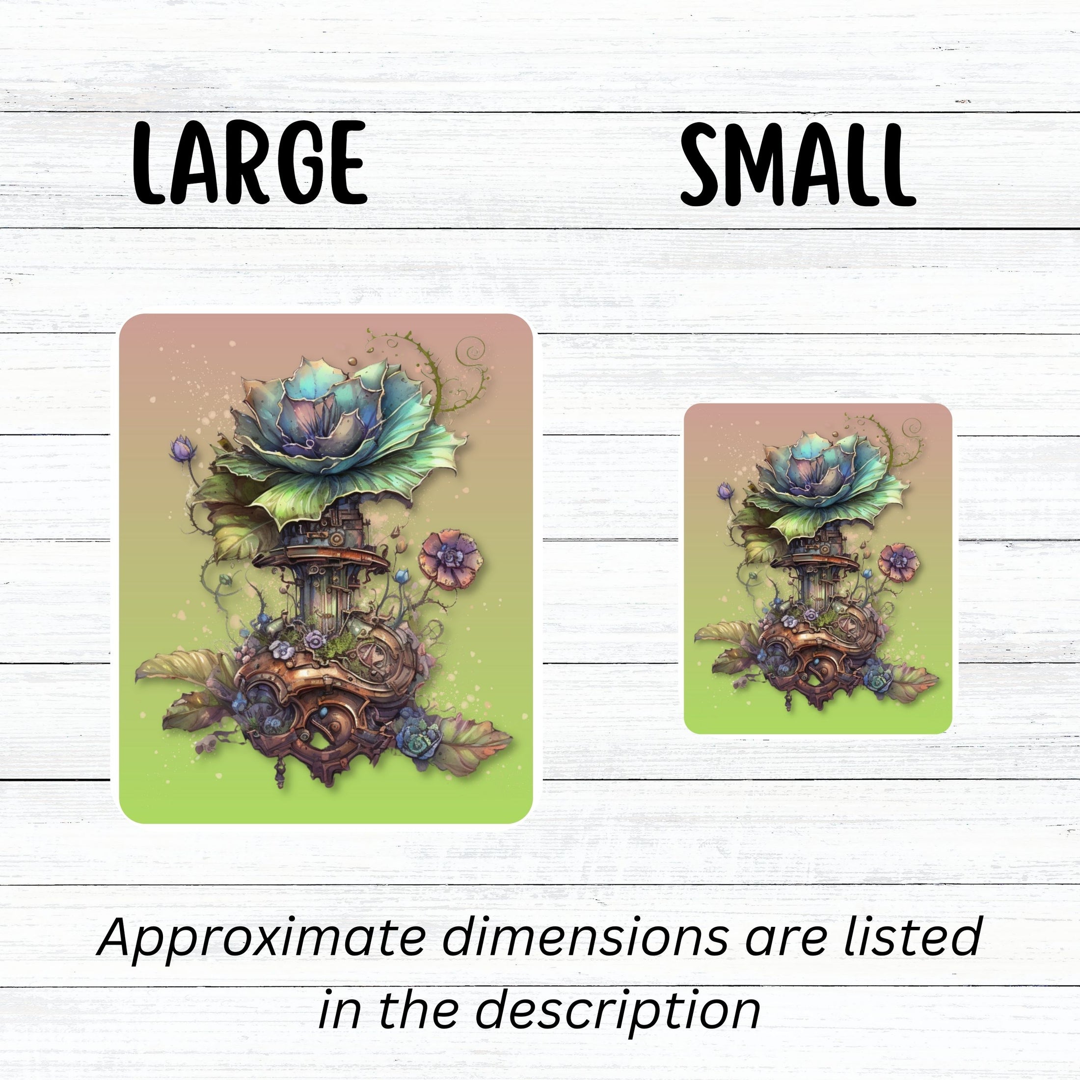 This image shows large and small steampunk fantasy flower stickers next to each other.