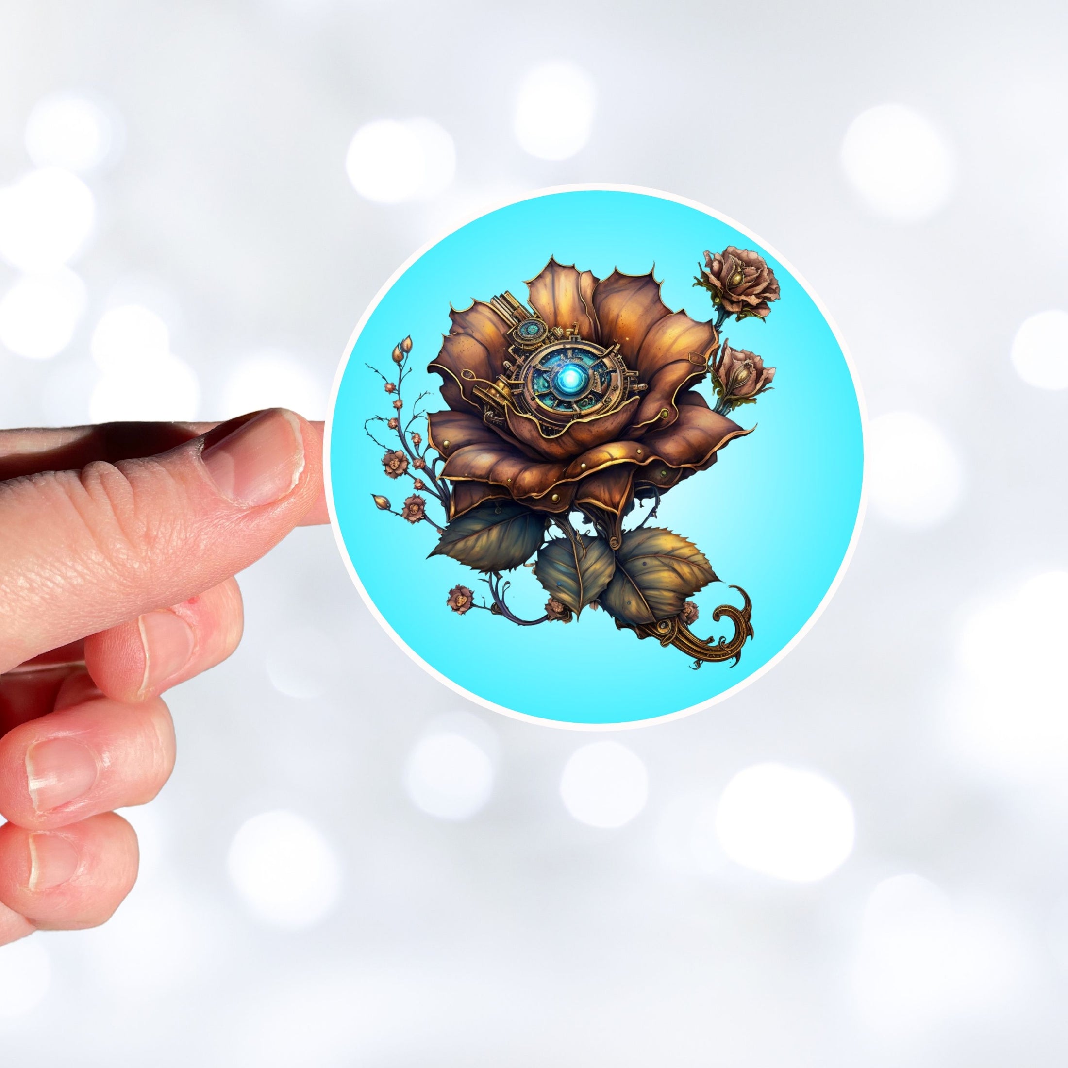 This image shows a hand holding the steampunk bronzed flower sticker.