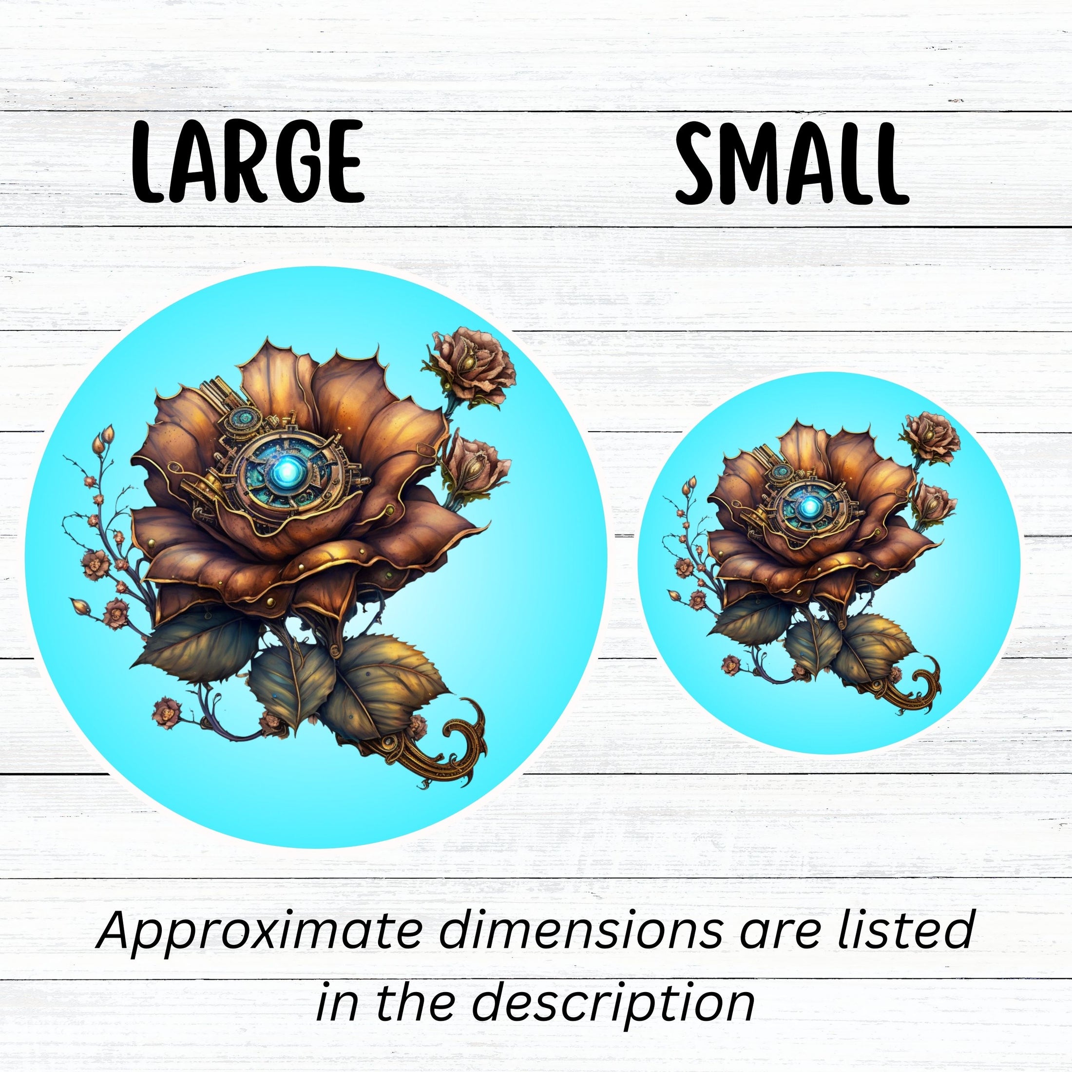 This image shows large and small steampunk bronzed flower stickers next to each other.