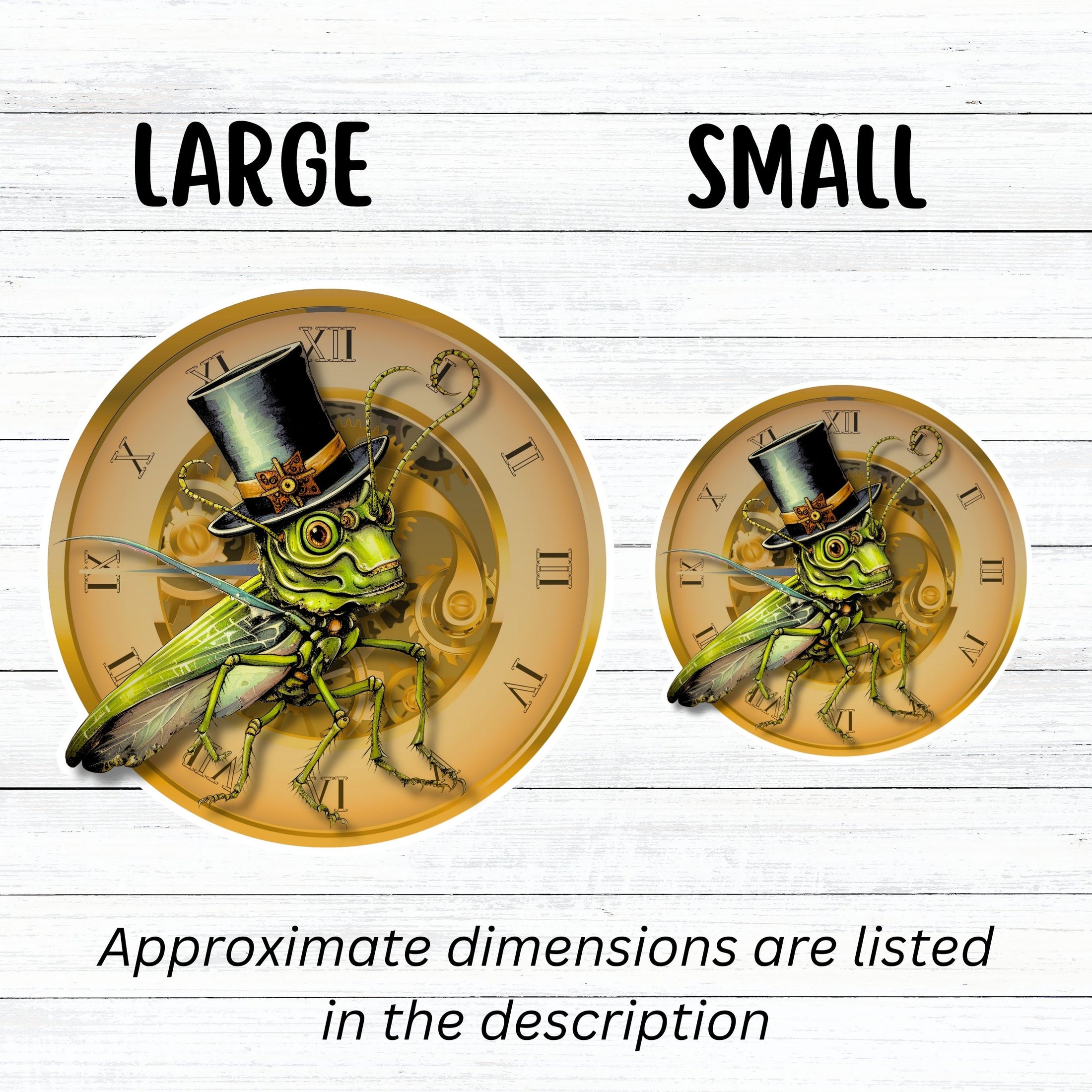 This image shows large and small steampunk grasshopper stickers next to each other.