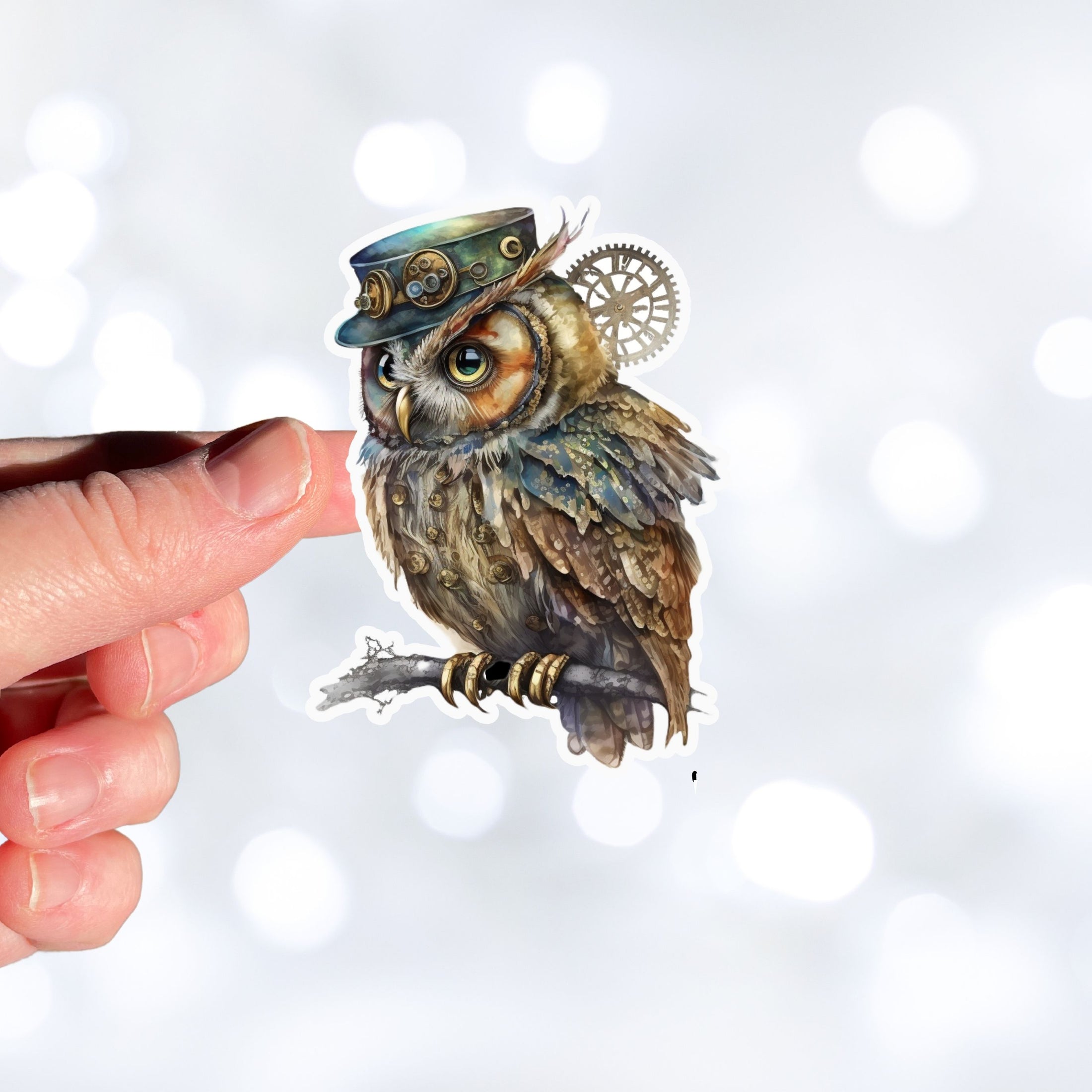 This image shows the steampunk owl sticker on a finger.