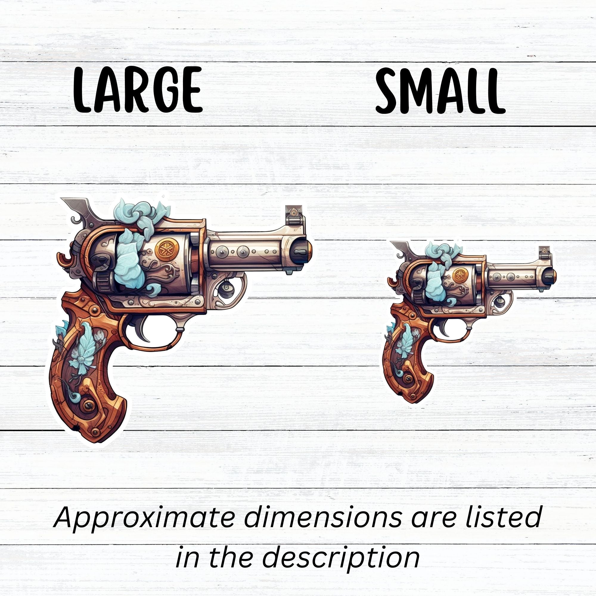 This image shows large and small Pirate Steampunk Pistol 1 Die-Cut Stickers next to each other.