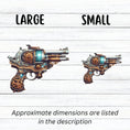 Load image into Gallery viewer, This image shows large and small Pirate Steampunk Pistol 2 Die-Cut Stickers next to each other.
