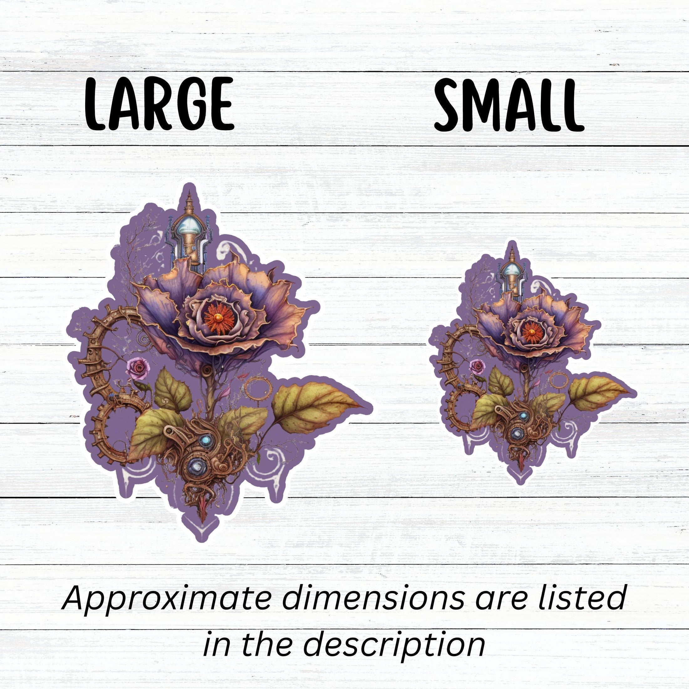 This image shows large and small steampunk rose stickers next to each other.