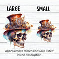 Load image into Gallery viewer, This image shows large and small Steampunk Skull 1 Die-Cut Stickers side by side.
