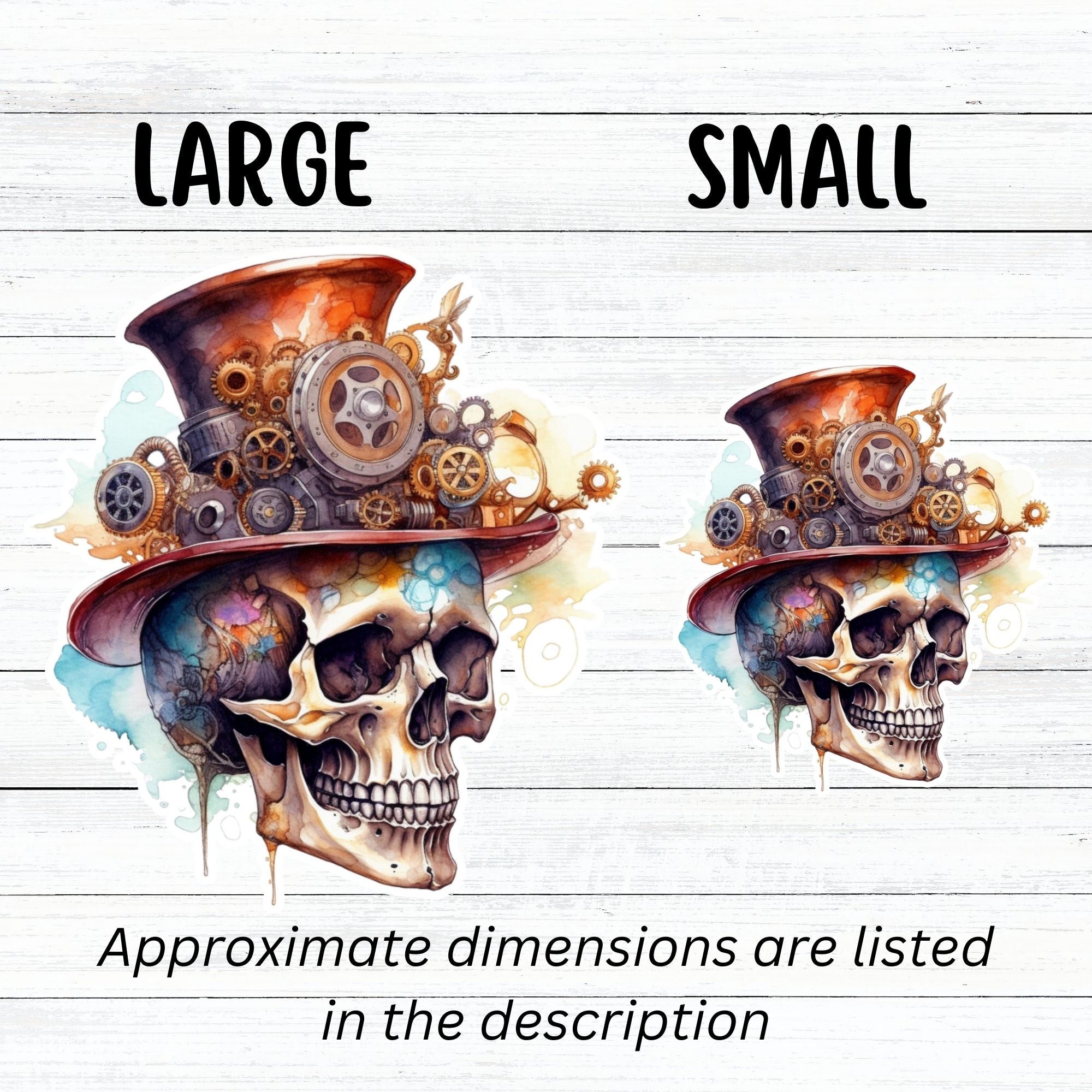 This image shows large and small Steampunk Skull 1 Die-Cut Stickers side by side.