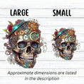 Load image into Gallery viewer, This image shows large and small Steampunk Skull 2 Die-Cut Stickers side by side.
