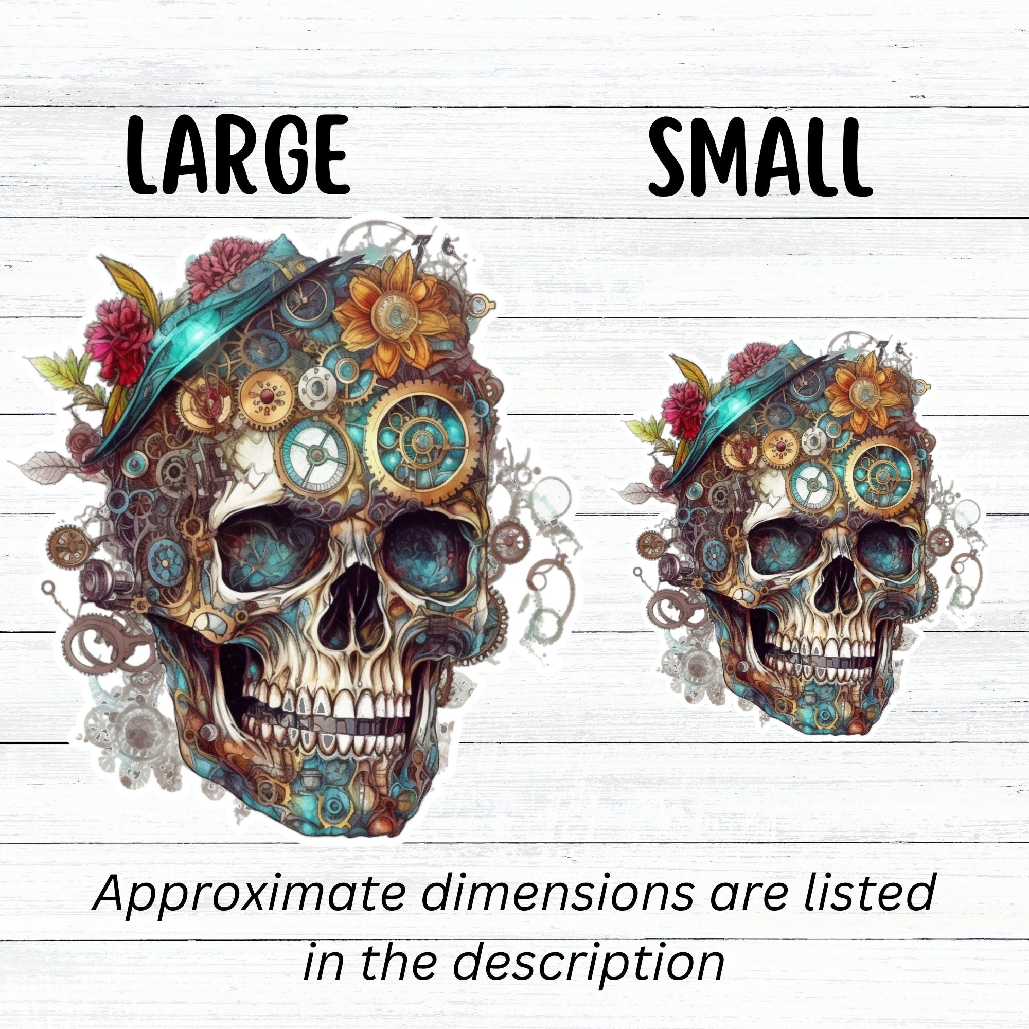 This image shows large and small Steampunk Skull 2 Die-Cut Stickers side by side.