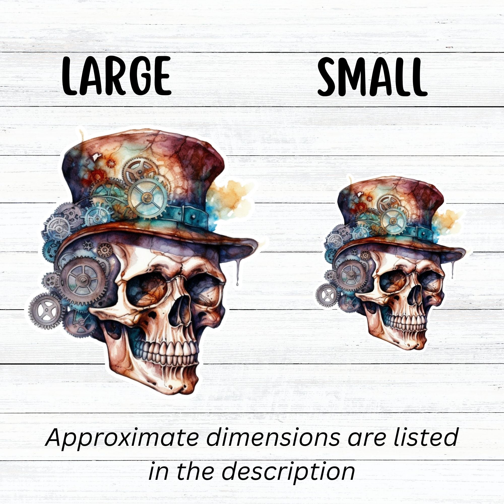 This image shows large and small Steampunk Skull 3 Die-Cut Stickers side by side.