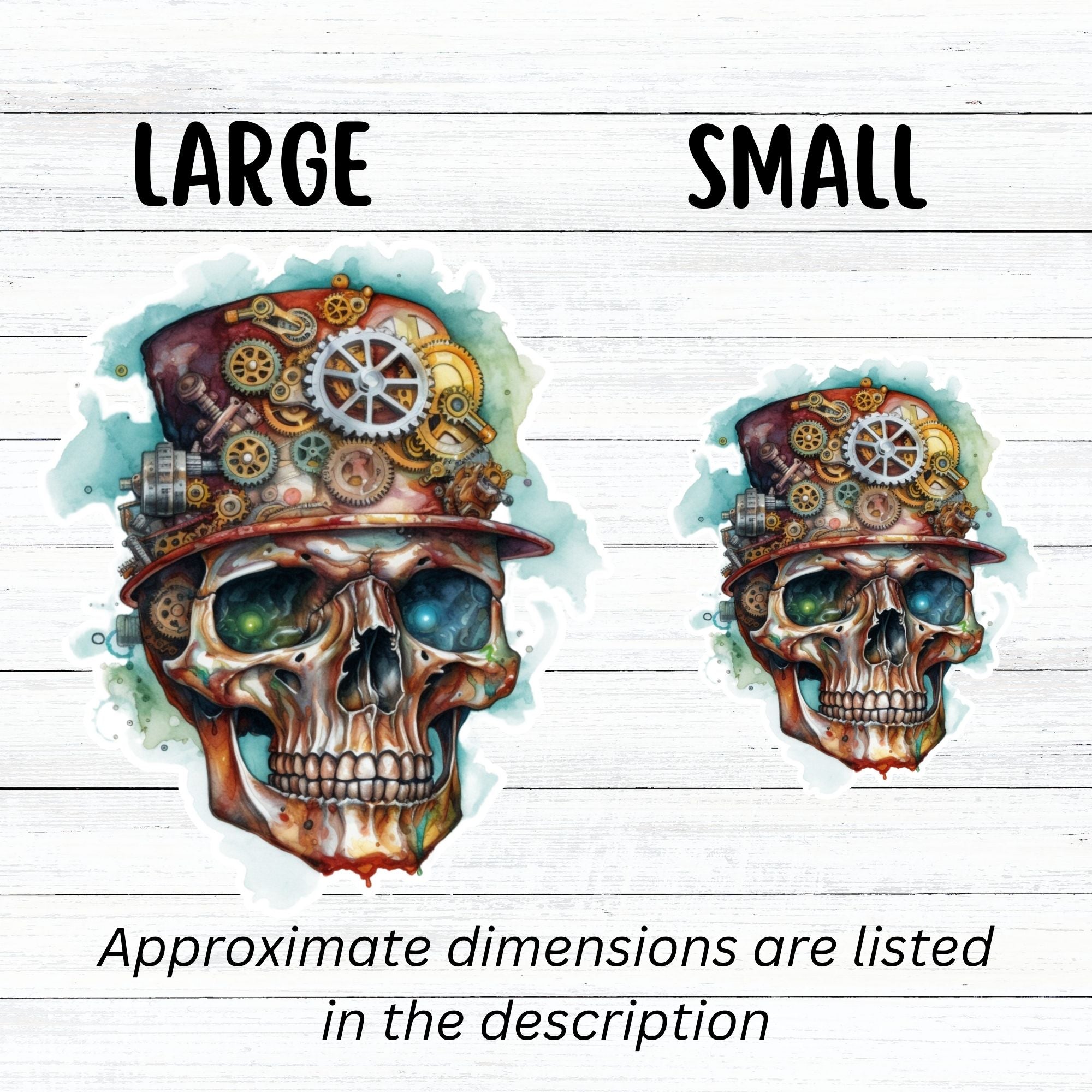 This image shows large and small Steampunk Skull 4 Die-Cut Stickers side by side.