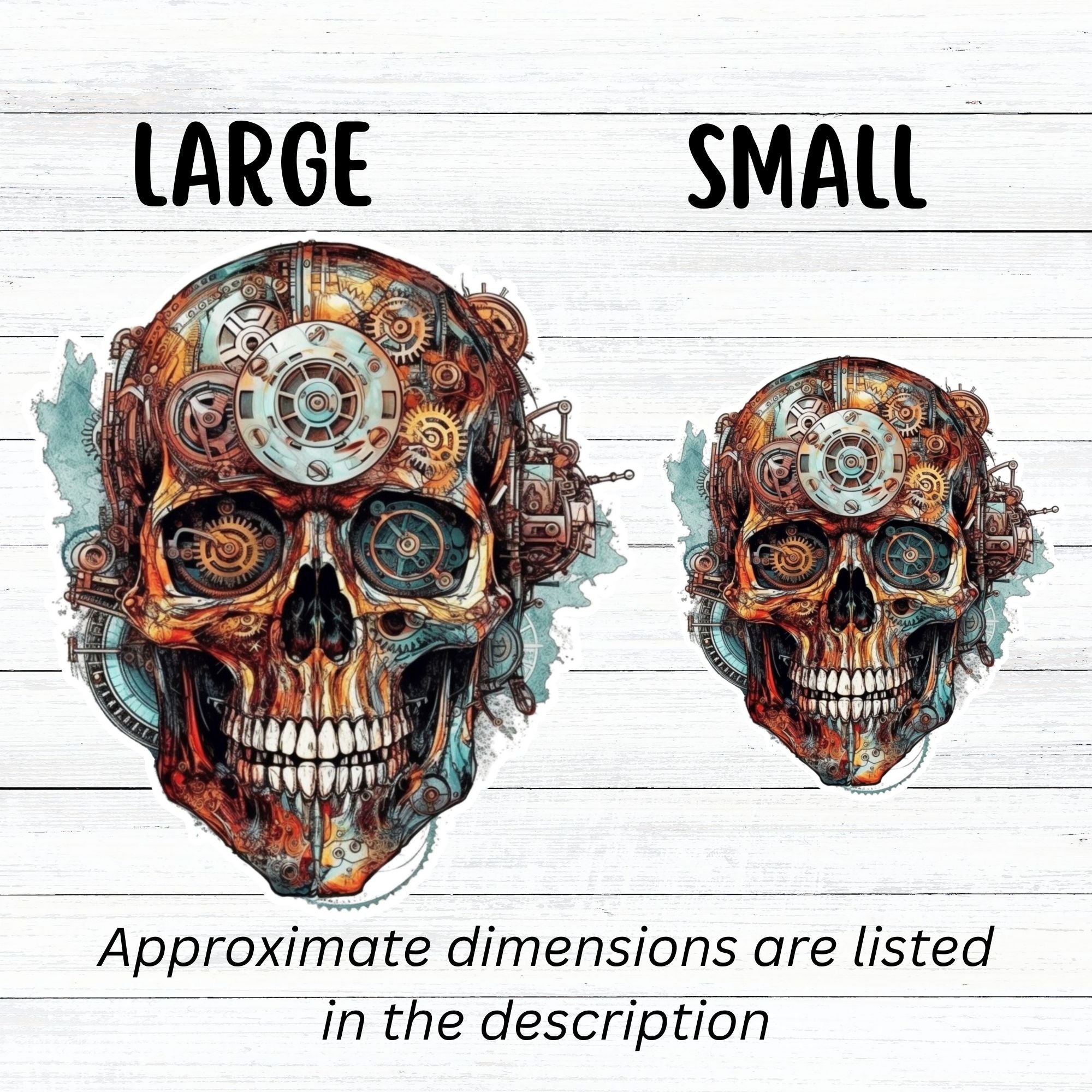 This image shows large and small Steampunk Skull 6 Die-Cut Stickers side by side.