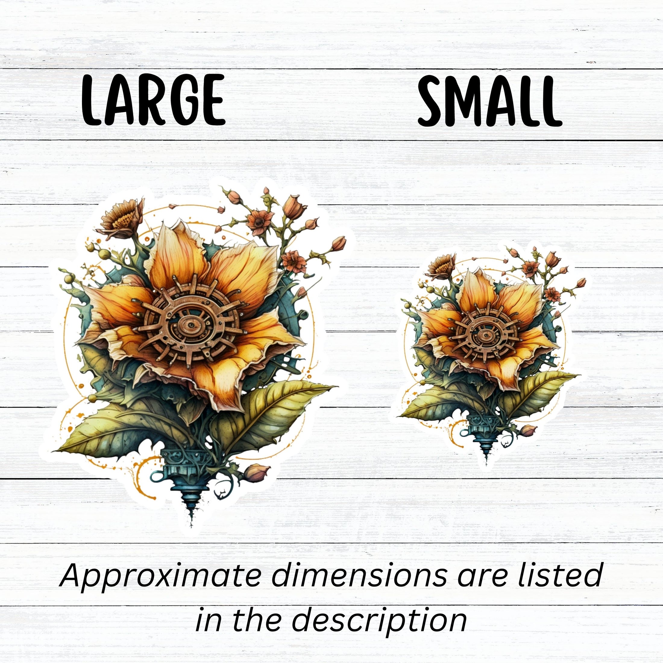 This image shows large and small steampunk sunflower stickers next to each other.