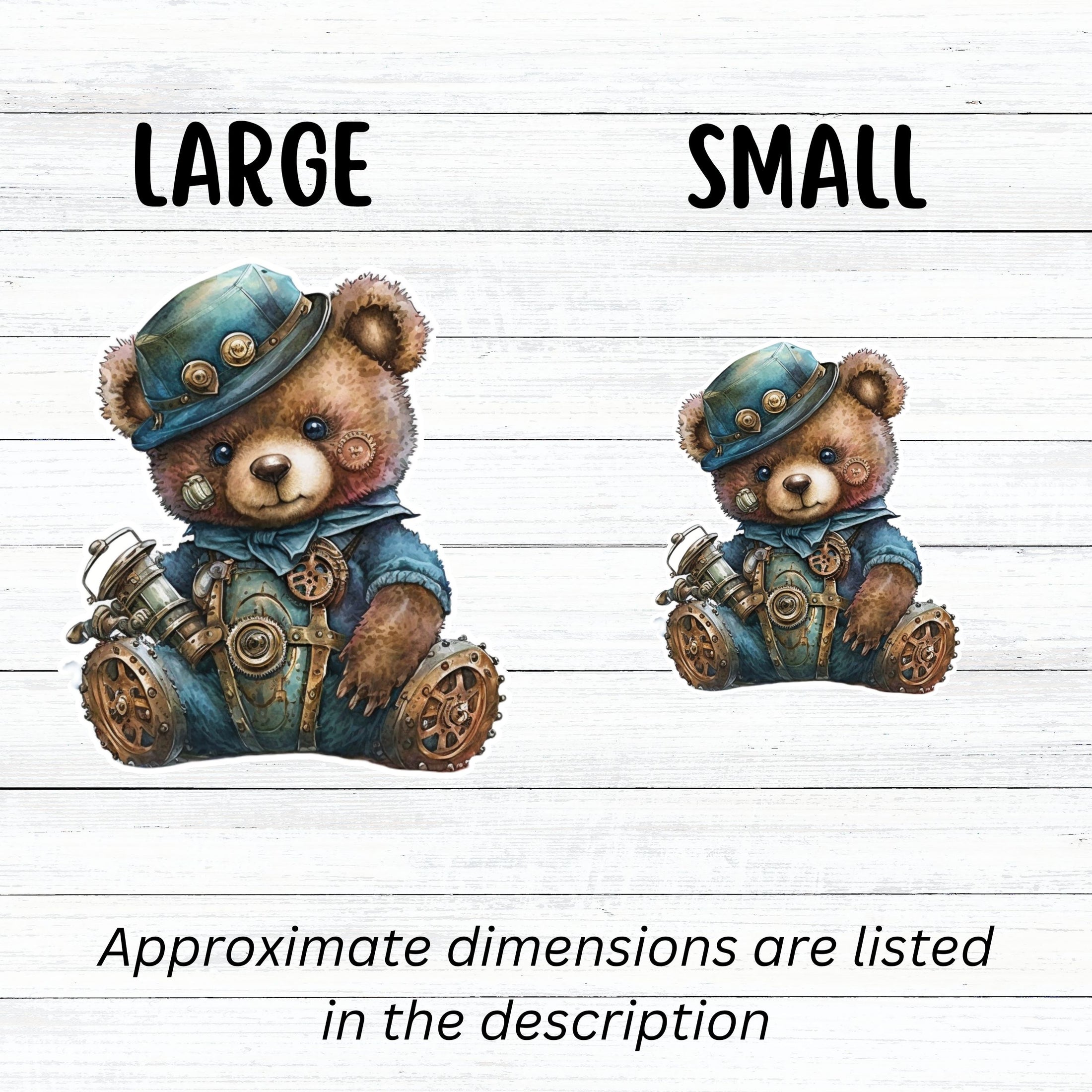 This image shows large and small steampunk teddy stickers next to each other.