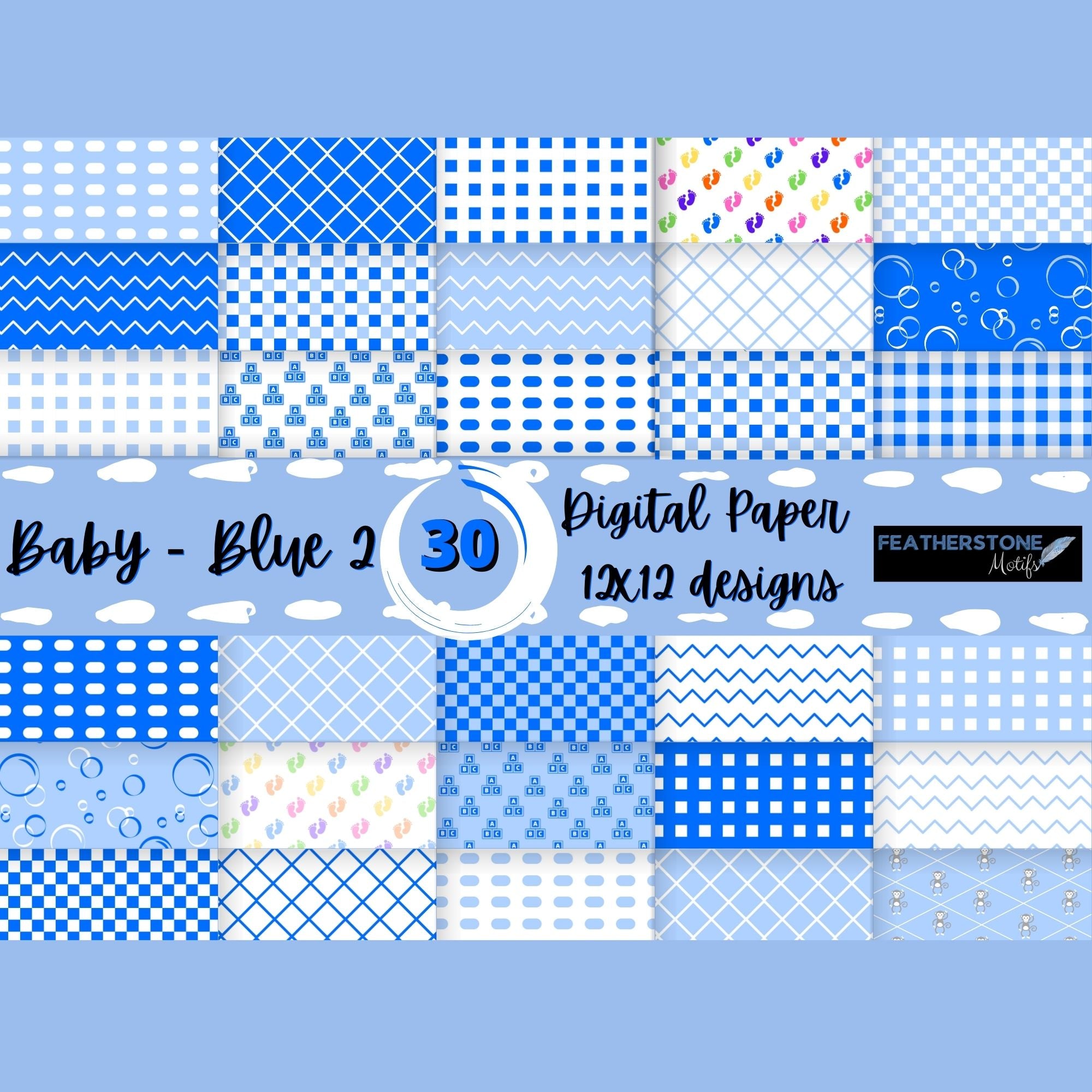 Scrapbookers, this is what you've been looking for! This blue themed baby bundle has 30 unique images that can be printed or used as digital backgrounds.
