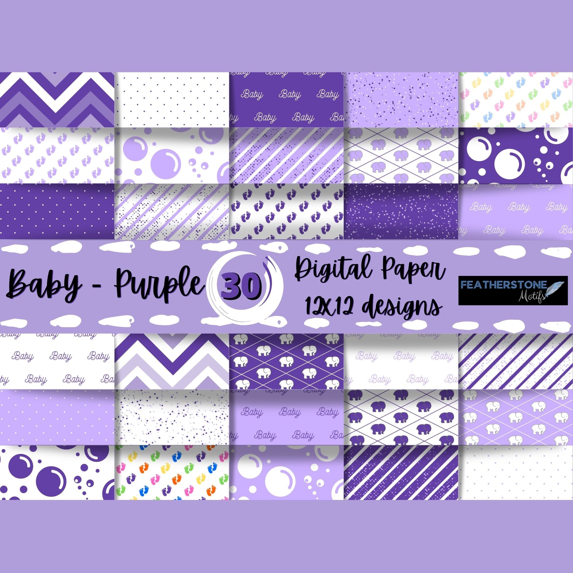 Scrapbookers, this is what you've been looking for! This purple themed baby bundle has 30 unique images that can be printed or used as digital backgrounds.
