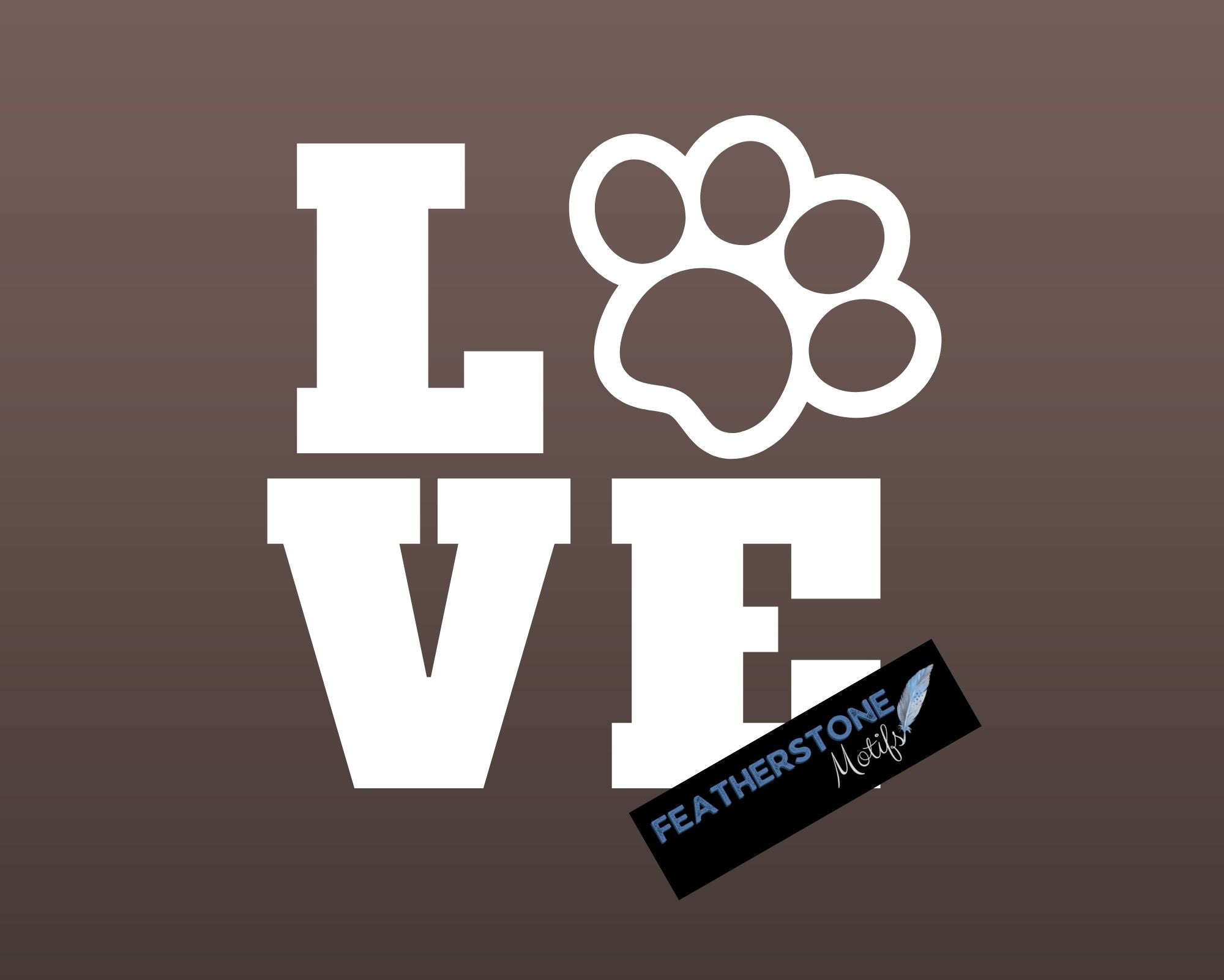 Love your pets? Then show it with this paw love square! Available in 4 sizes and 10 colors, these vinyl decals make great gifts for everyone. This image shows the Paw Love Square on a brown background.
