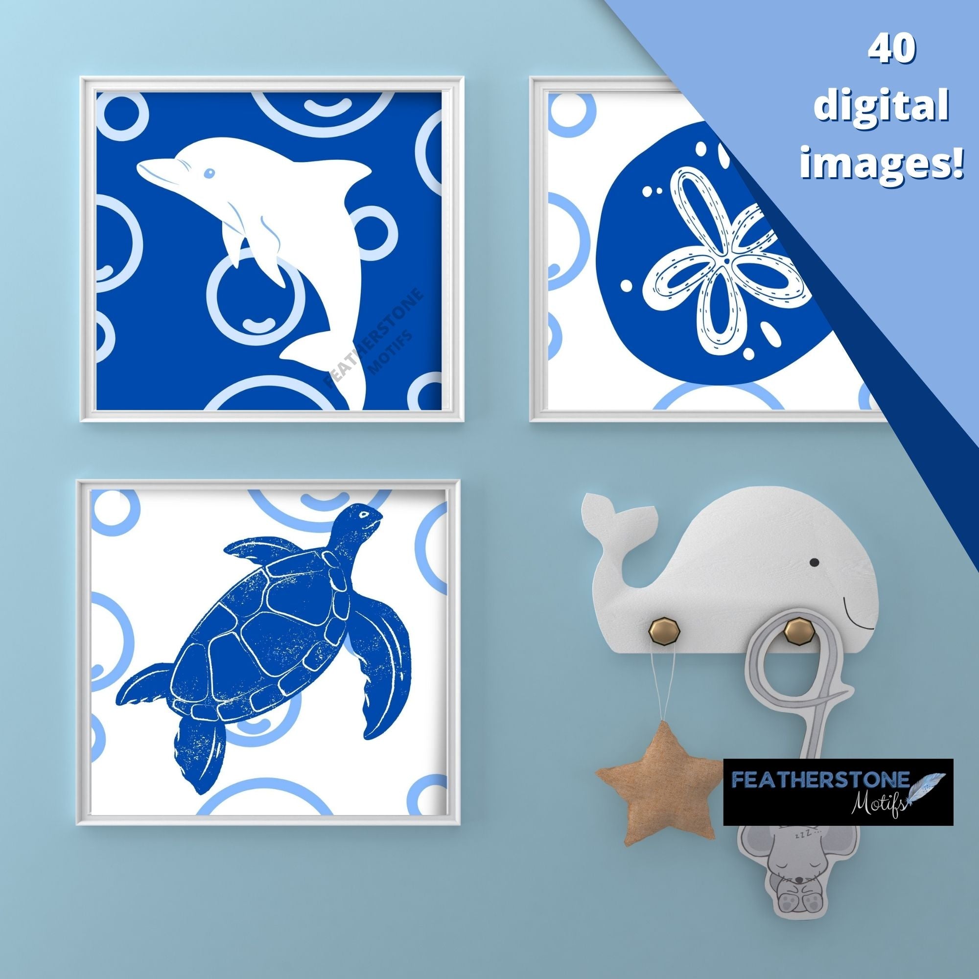 Dive into this set of 40 digital images of underwater creatures! Use for craft projects like handmade coasters and greeting cards, or frame and hang them on the wall.