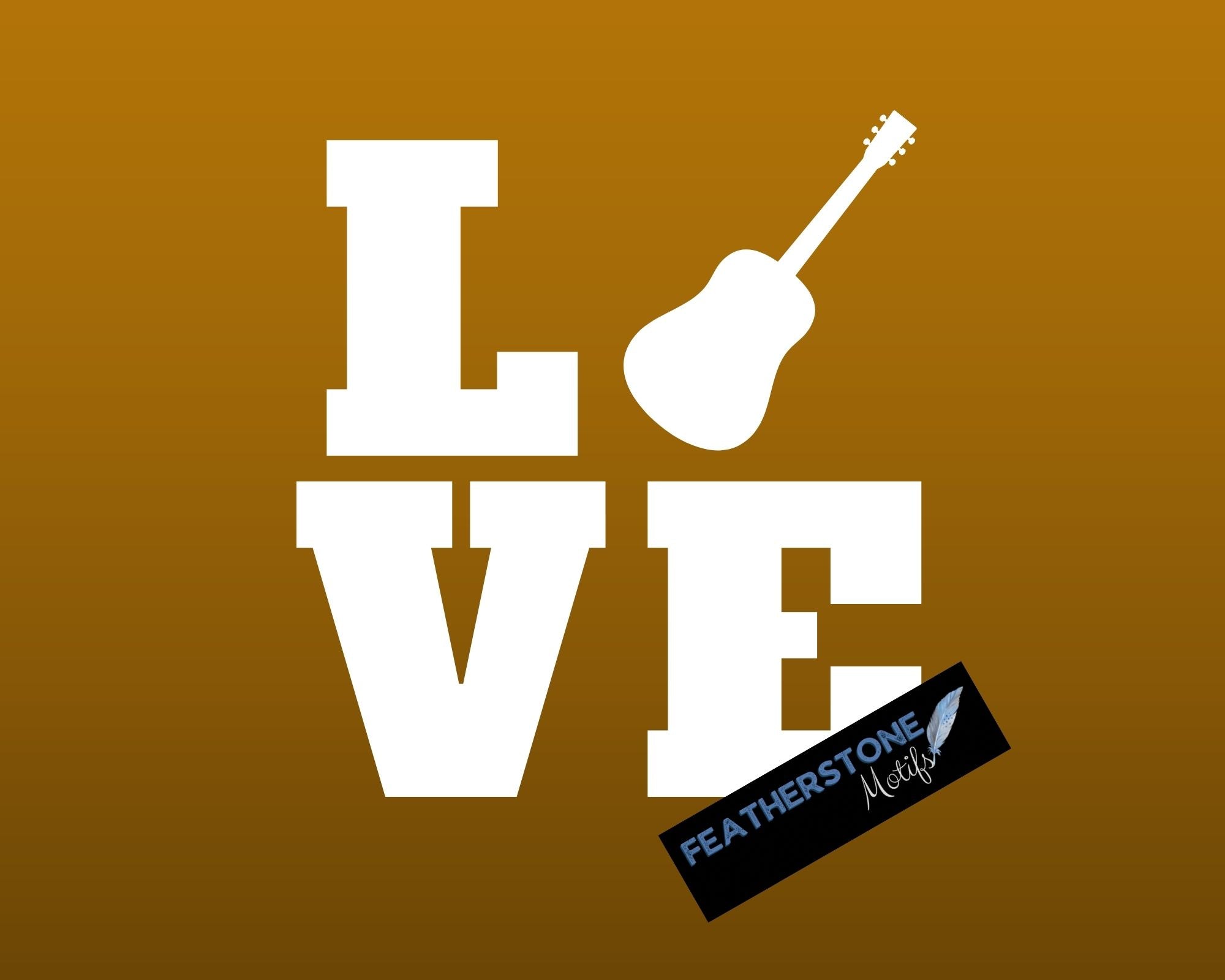 Love the guitar? Then show it with this acoustic guitar love square! Available in 4 sizes and 10 colors, these vinyl decals make great gifts for everyone. This image shows the acoustic guitar love square on a brown background.