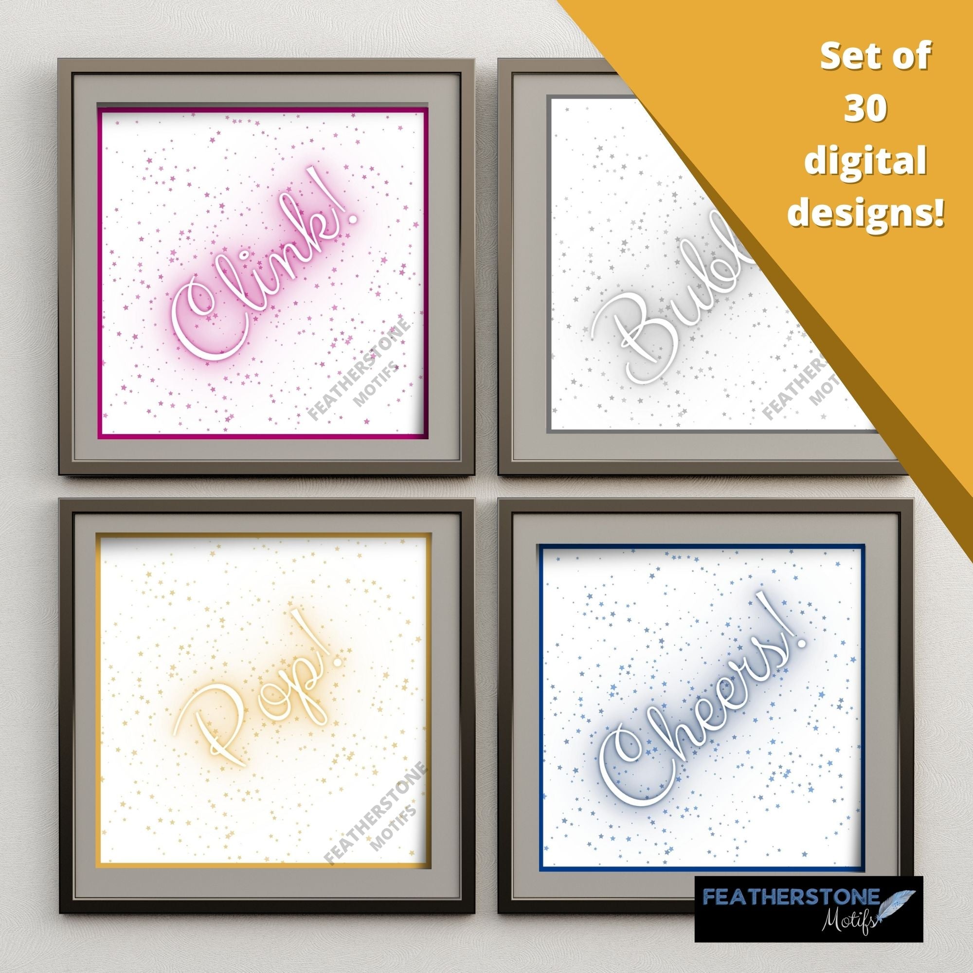 Let's celebrate! This set of 30 digital images are perfect for your next big event, or to add some Sparkle! to every day. Use for craft projects like handmade coasters and greeting cards, or frame and hang them on the wall.