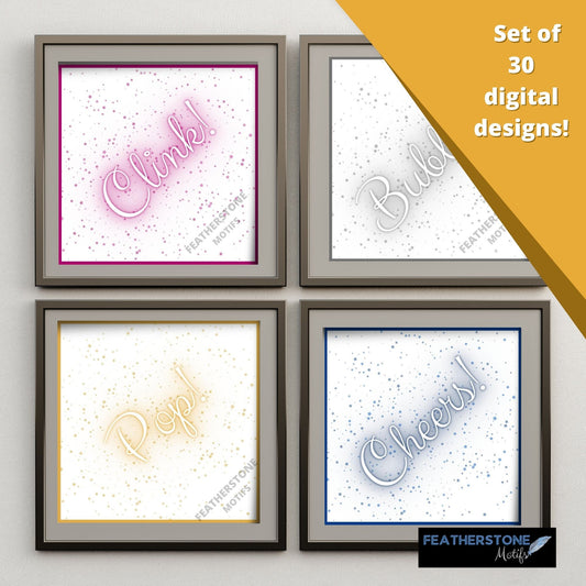 Let's celebrate! This set of 30 digital images are perfect for your next big event, or to add some Sparkle! to every day. Use for craft projects like handmade coasters and greeting cards, or frame and hang them on the wall.