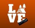 Load image into Gallery viewer, Love camping? Then show it with this camping themed love square vinyl decal! Available in 4 sizes and 10 colors, these vinyl decals make great gifts for everyone. This image shows the Camping Love Square vinyl decal on a copper background.
