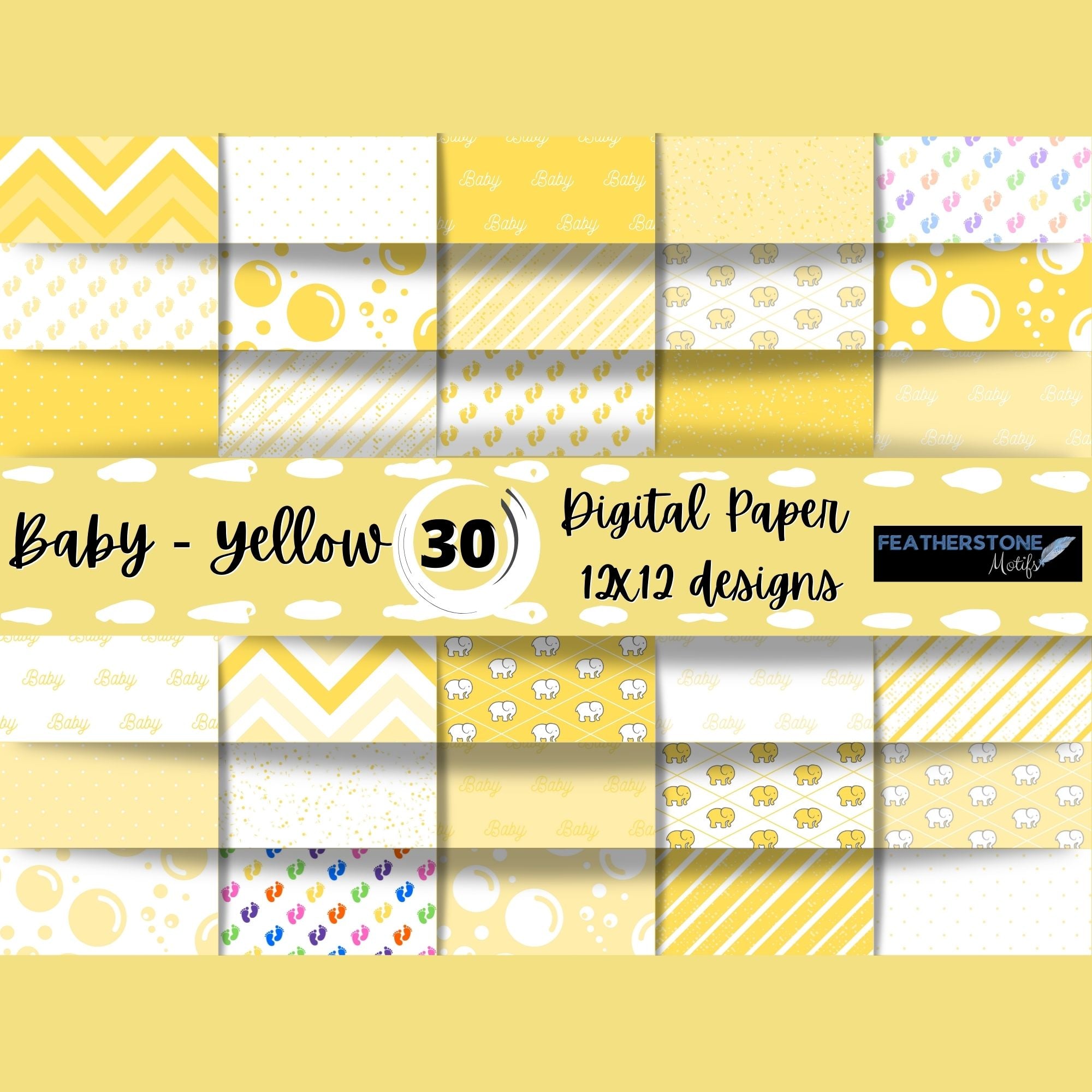 Scrapbookers, this is what you've been looking for! This yellow themed baby bundle has 30 unique images that can be printed or used as digital backgrounds.