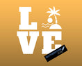 Load image into Gallery viewer, Love the beach? Then show it with this beach themed love square vinyl decal! Available in 4 sizes and 10 colors, these vinyl decals make great gifts for everyone. This image shows the Beach Love Square vinyl decal on a gold background.
