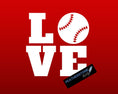 Load image into Gallery viewer, Love baseball? Then show it with this baseball love square vinyl decal! Available in 4 sizes and 10 colors, these vinyl decals make great gifts for everyone. This image shows the baseball love square decal on a rust colored background. 
