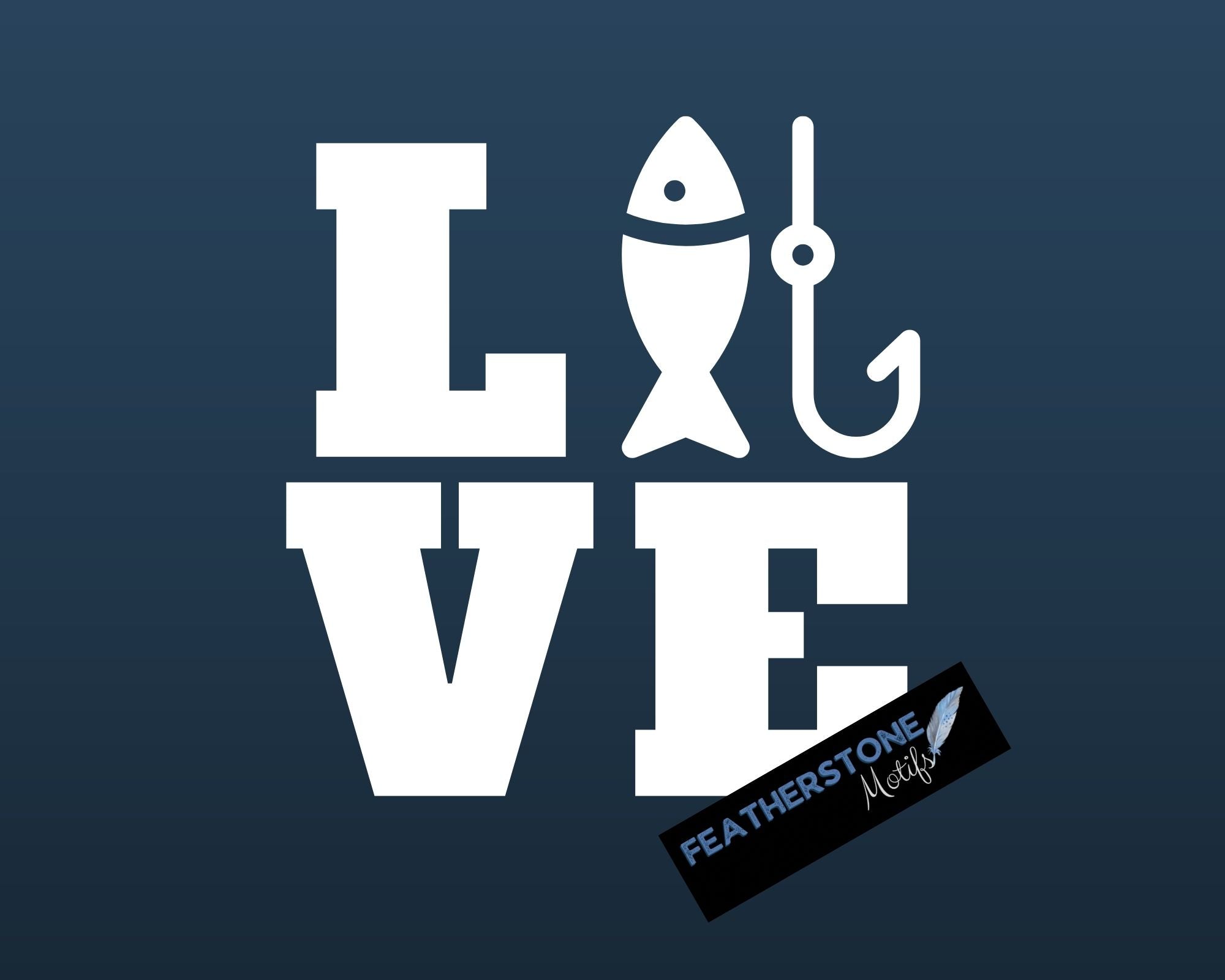 Love the fishing? Then show it with this fishing love square vinyl decal! Available in 4 sizes and 10 colors, these vinyl decals make great gifts for everyone. This image shows the Fishing Love Square vinyl decal on a blue background.